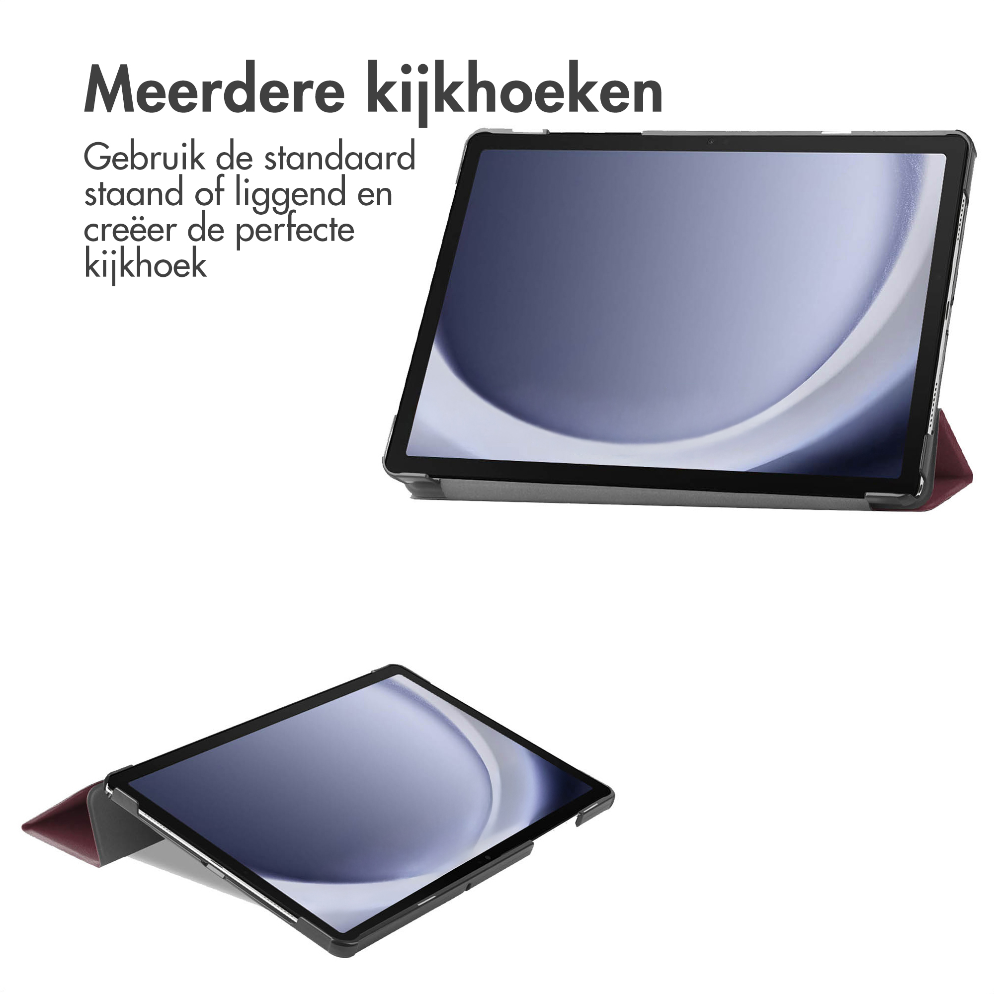 Afbeelding toont twee tablets, één staand en één liggend. Tekst bovenaan zegt 'Meerdere kijkhoeken'.