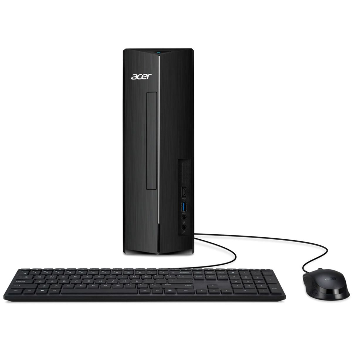 Czarny komputer stacjonarny Acer z klawiaturą i myszką na białym tle. Komputer stoi pionowo.