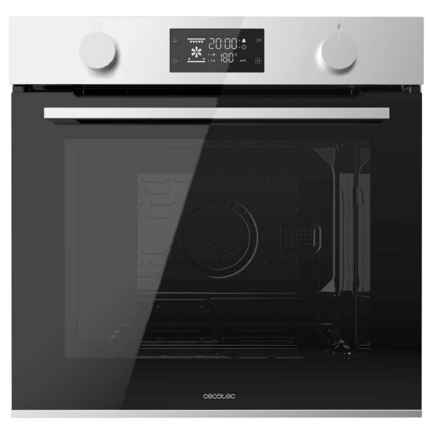 Un horno blanco con puerta de cristal negra. Pantalla digital muestra hora y temperatura. Perillas arriba. Logotipo de Cecotec abajo.