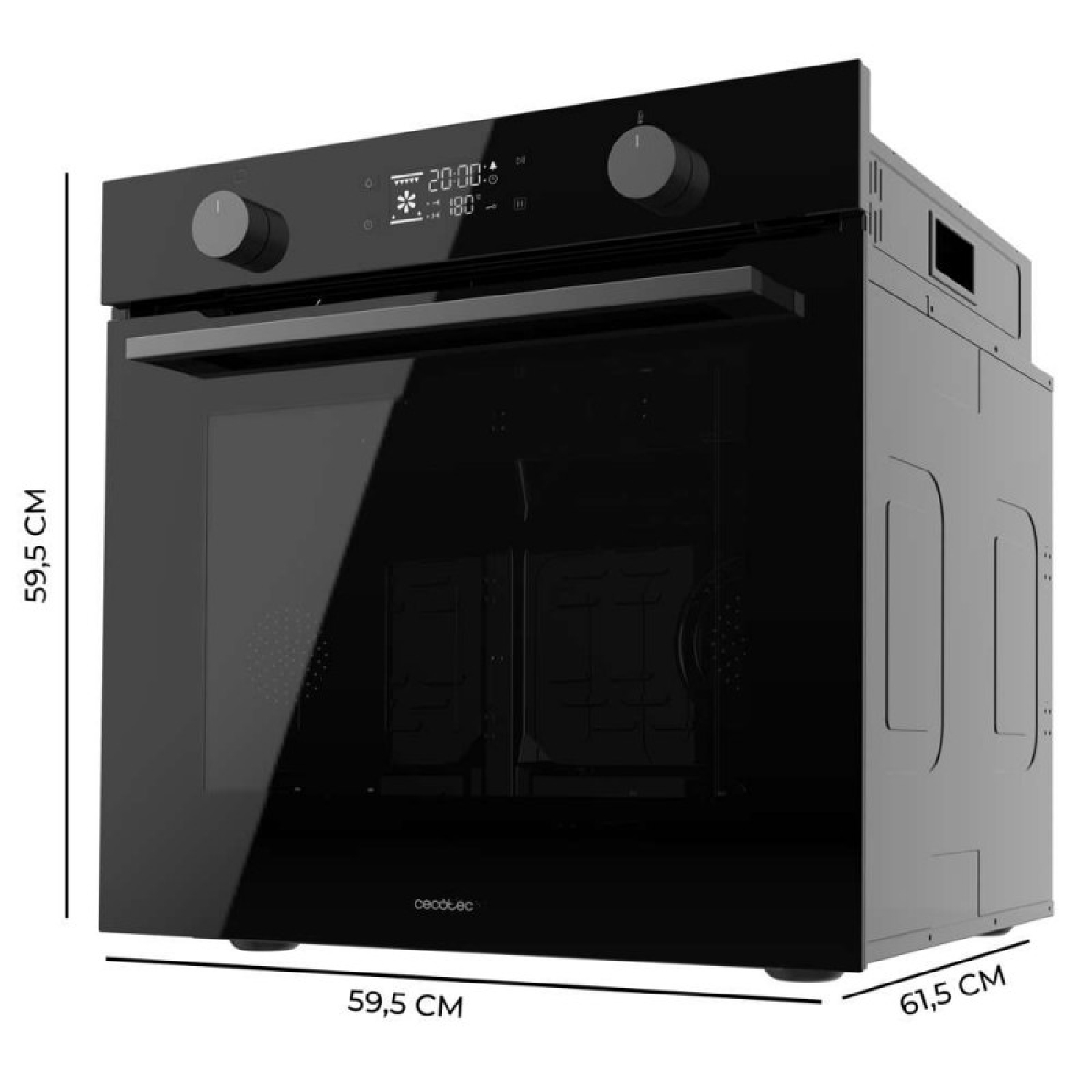 Un horno negro con puerta de cristal. Tiene una pantalla digital, mandos y la marca 'cecotec'.