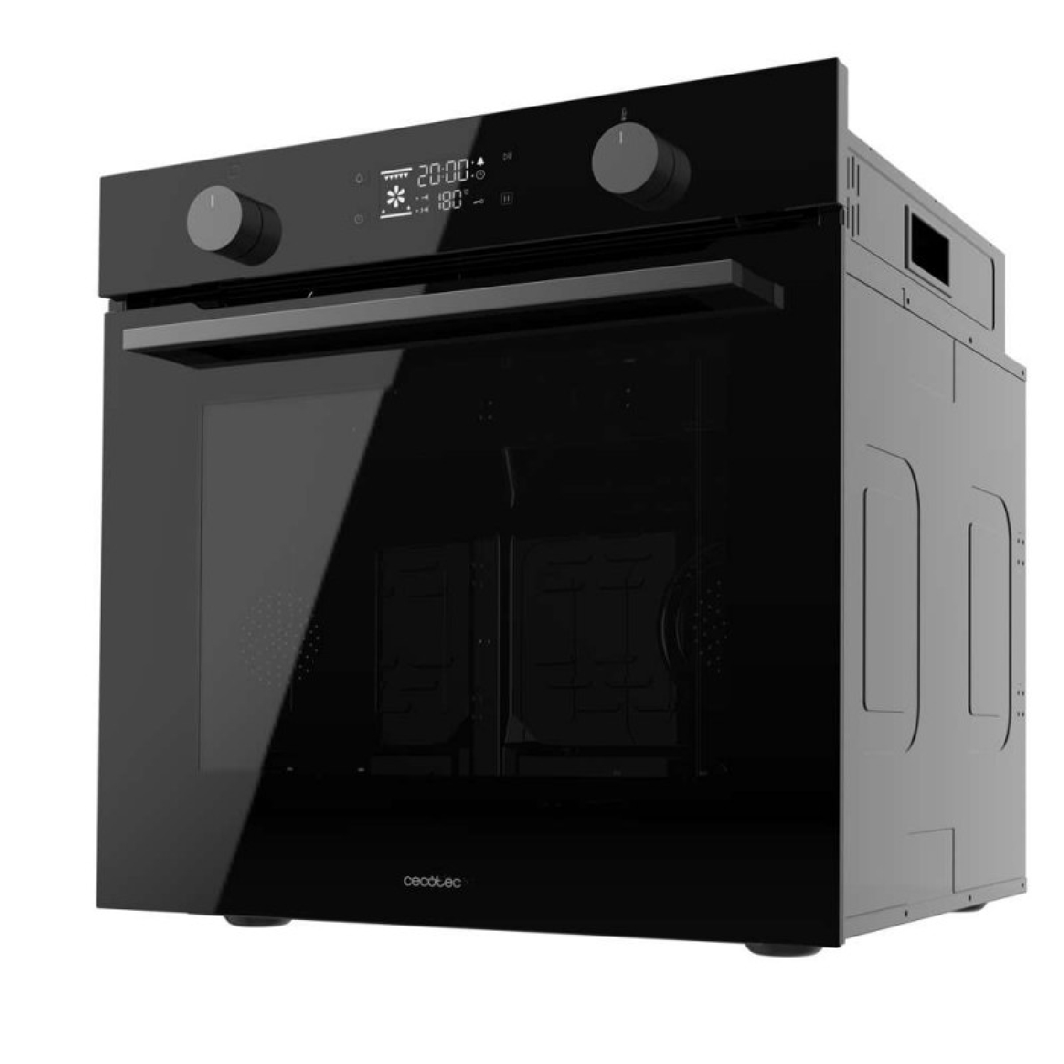 Un horno negro moderno con puerta de vidrio. Tiene una pantalla digital con hora y temperatura, con dos perillas arriba.