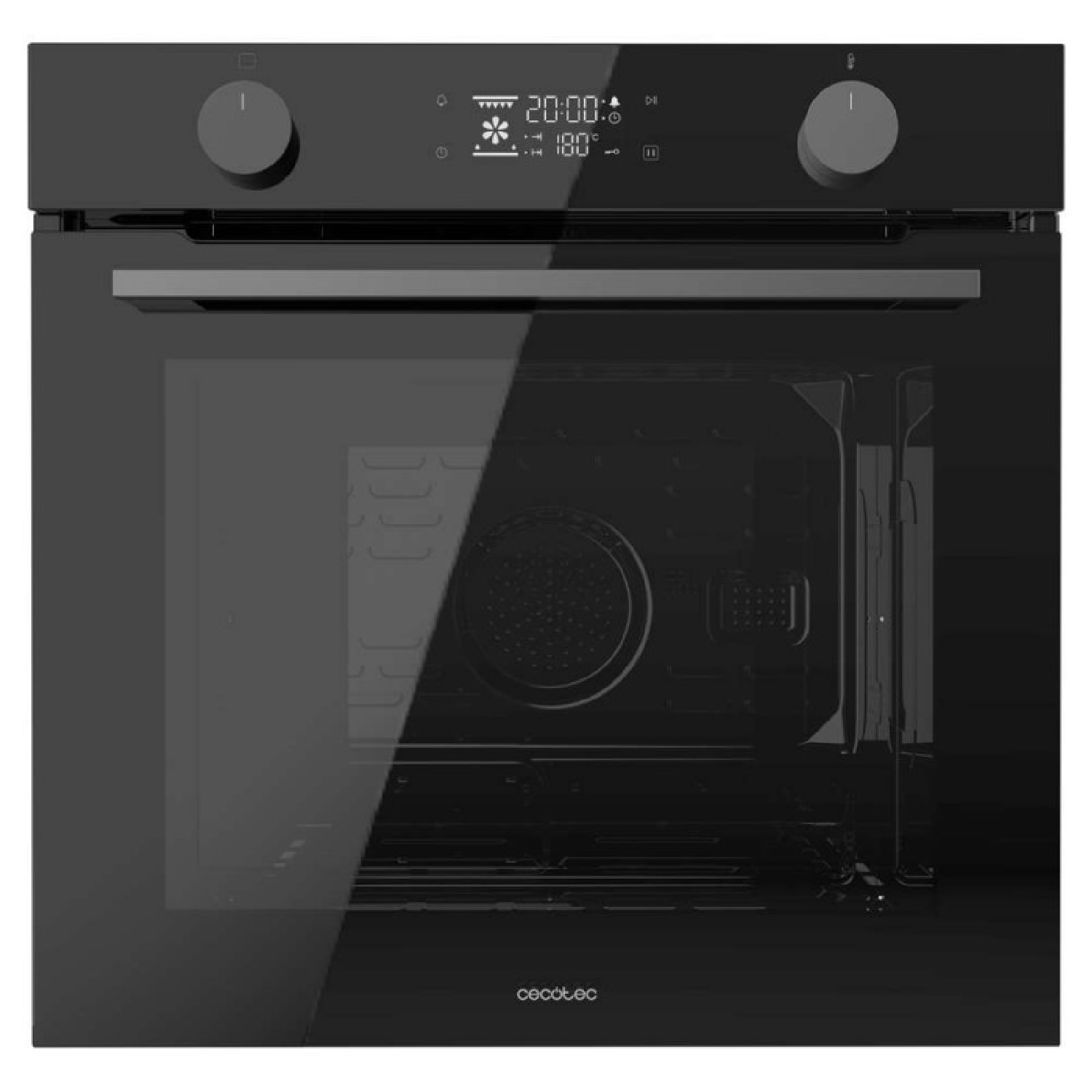 Horno negro con puerta de cristal. La pantalla digital muestra la hora y la temperatura. Perillas de control arriba. Marca 'cecotec' abajo.