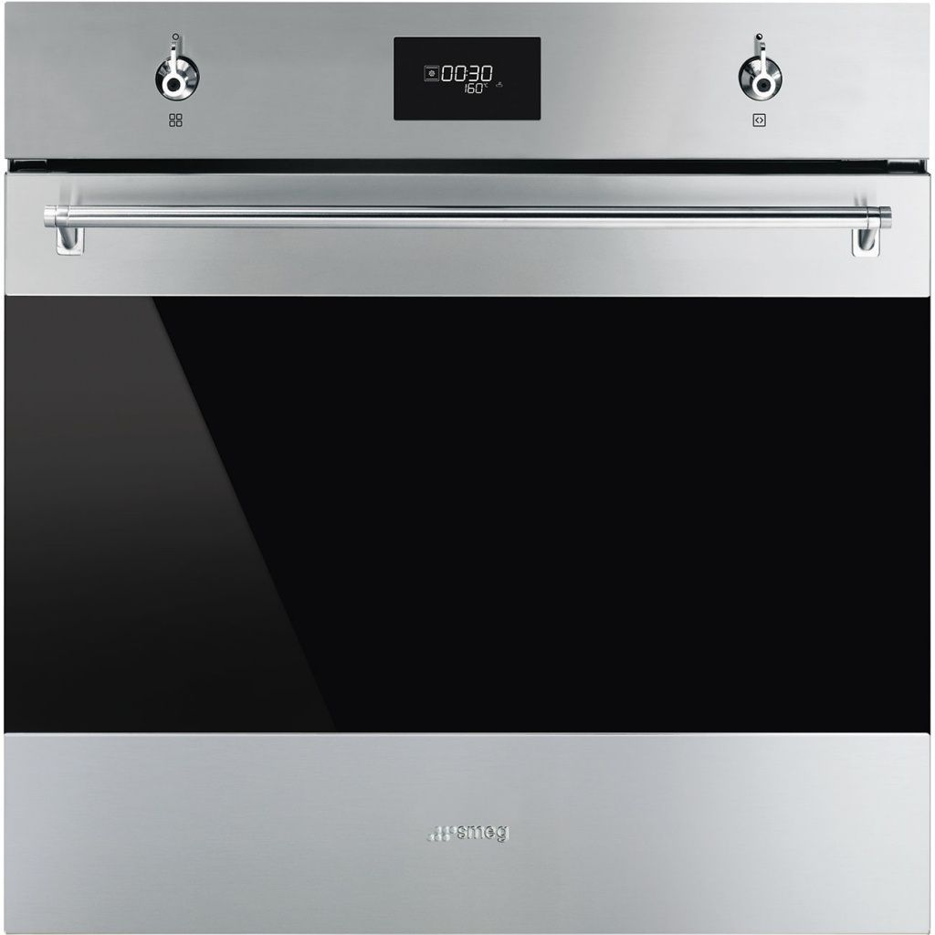 Un forno in acciaio inossidabile con porta in vetro nero, display digitale, manopole e maniglia. Il marchio 'smeg' è visibile.