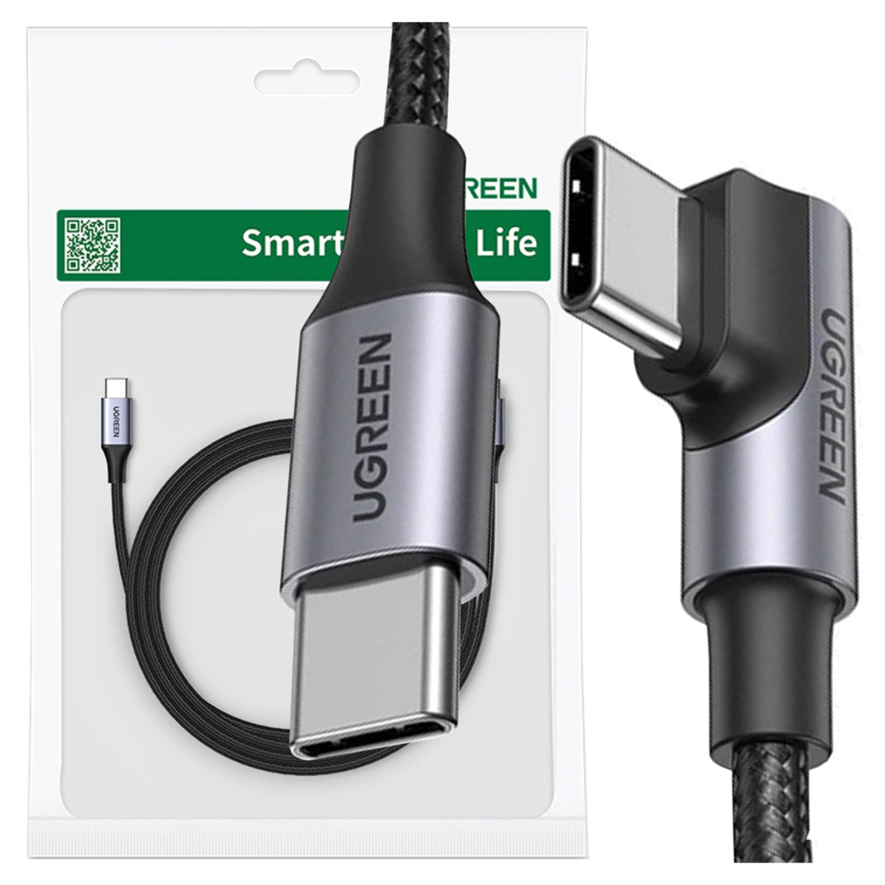 Kabel USB-C UGREEN w opakowaniu. Kabel jest czarny i srebrny. Jeden koniec jest kątowy. Opakowanie ma zielone akcenty.
