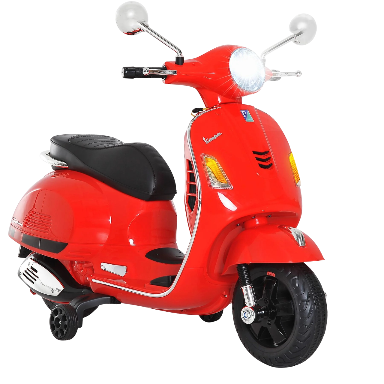 Uno scooter Vespa rosso con sedile nero, pneumatici neri e dettagli cromati, su sfondo nero. Il faro è acceso.