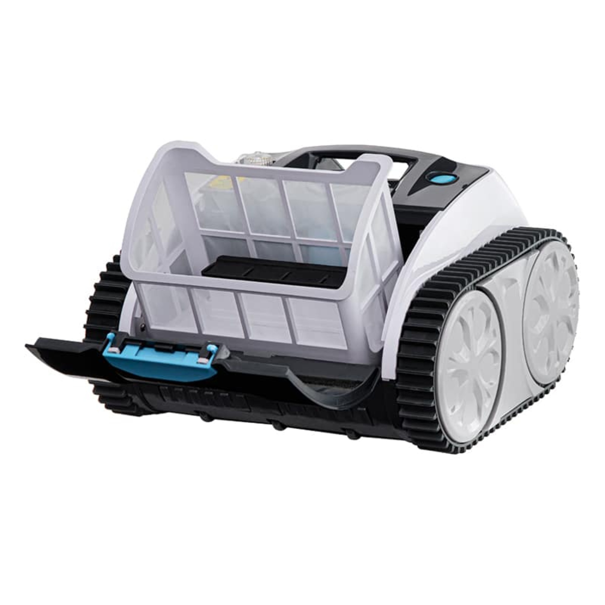Un robot limpiador de piscinas blanco y negro con orugas y un compartimento de filtro transparente abierto. Acento azul.