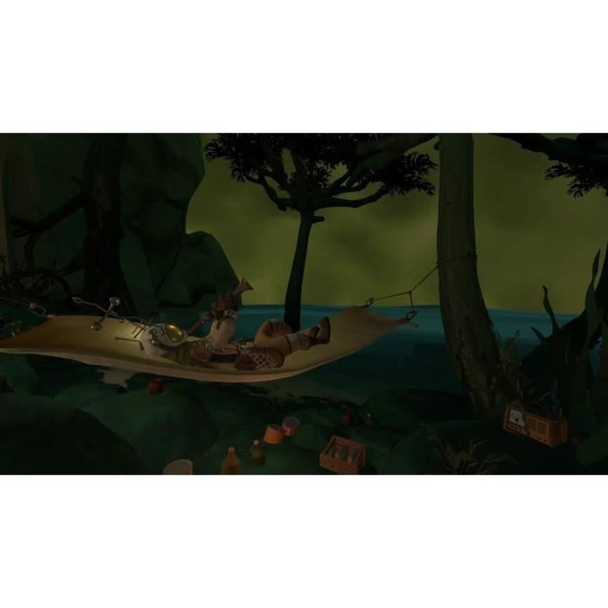Una figura riposa in un'amaca tra gli alberi. Bottiglie e una cassa sono sotto. La scena ha un aspetto verde e paludoso.