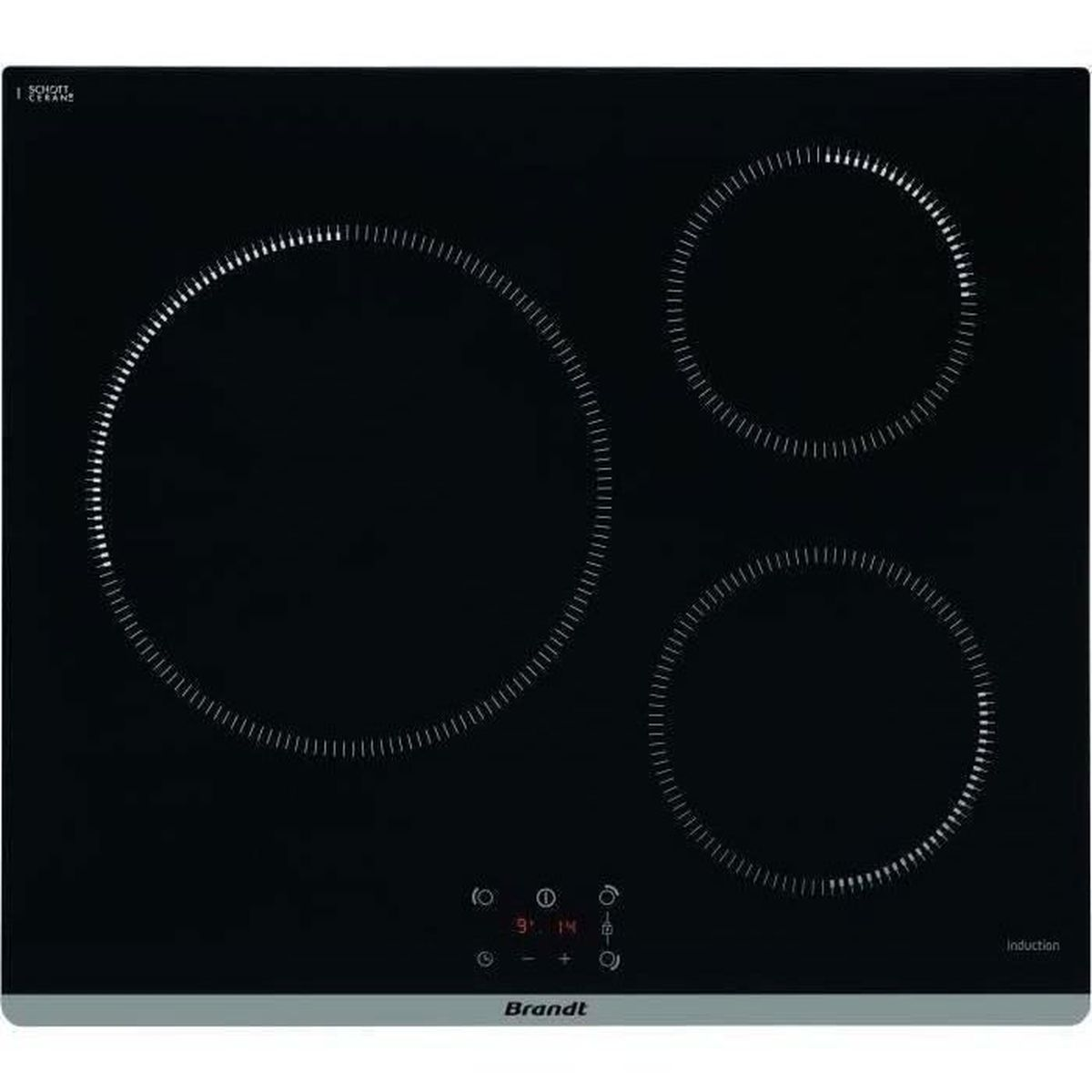 Czarna płyta grzejna ze szkła z trzema okrągłymi elementami grzewczymi. Posiada sterowanie dotykowe i logo Brandt na dole.