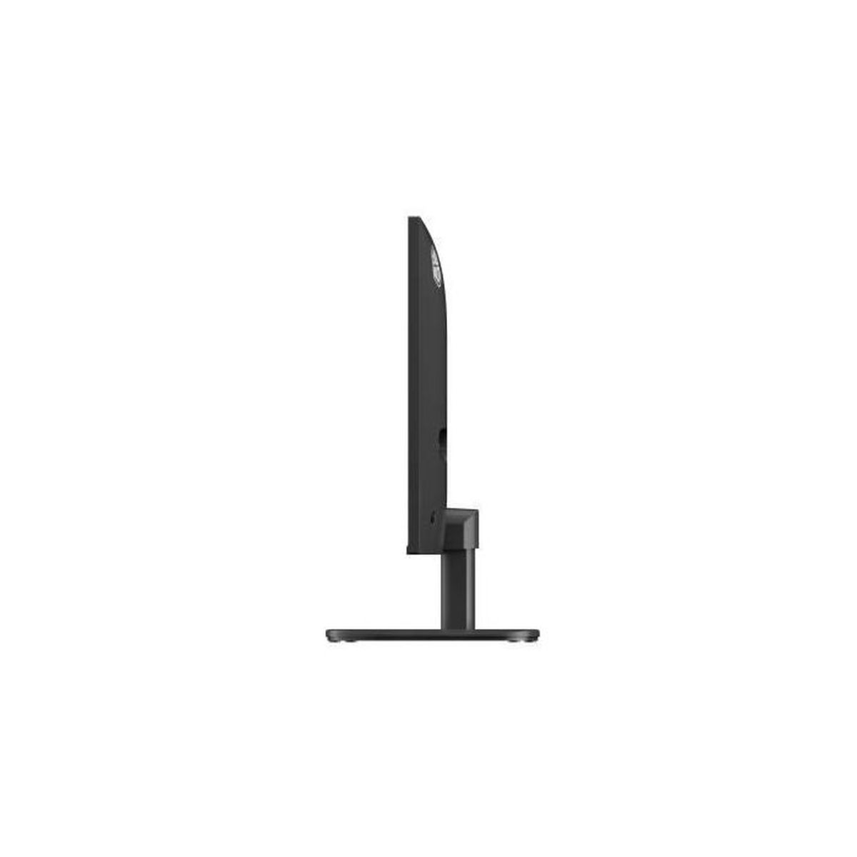 Seitenansicht eines schwarzen Computermonitors. Er steht aufrecht auf weißem Hintergrund. Der Monitor ist dünn und elegant.