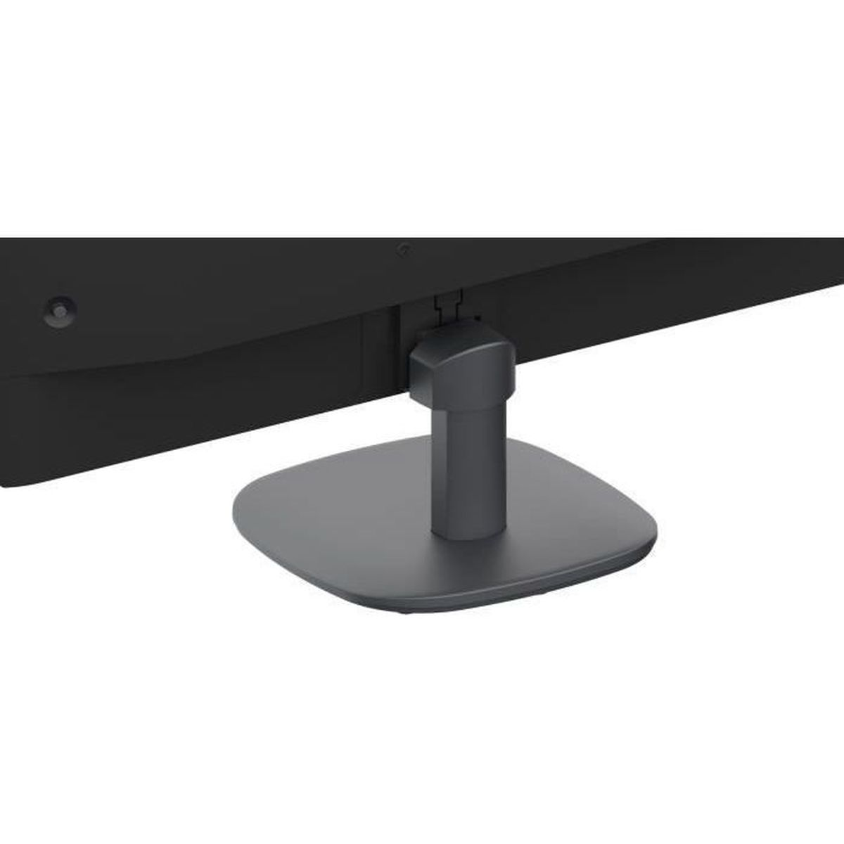 Viene mostrato un monitor del computer. Il supporto è grigio scuro e supporta lo schermo nero. Lo sfondo è bianco.