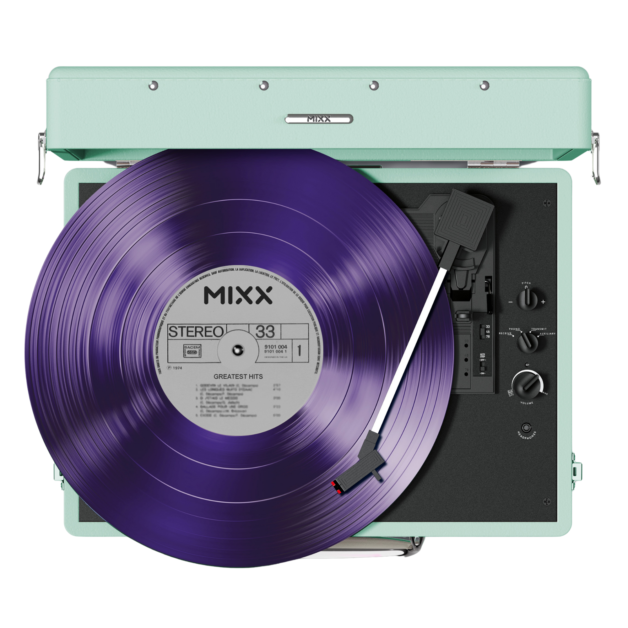 Un giradischi verde menta con un disco viola, con controlli e un braccio.