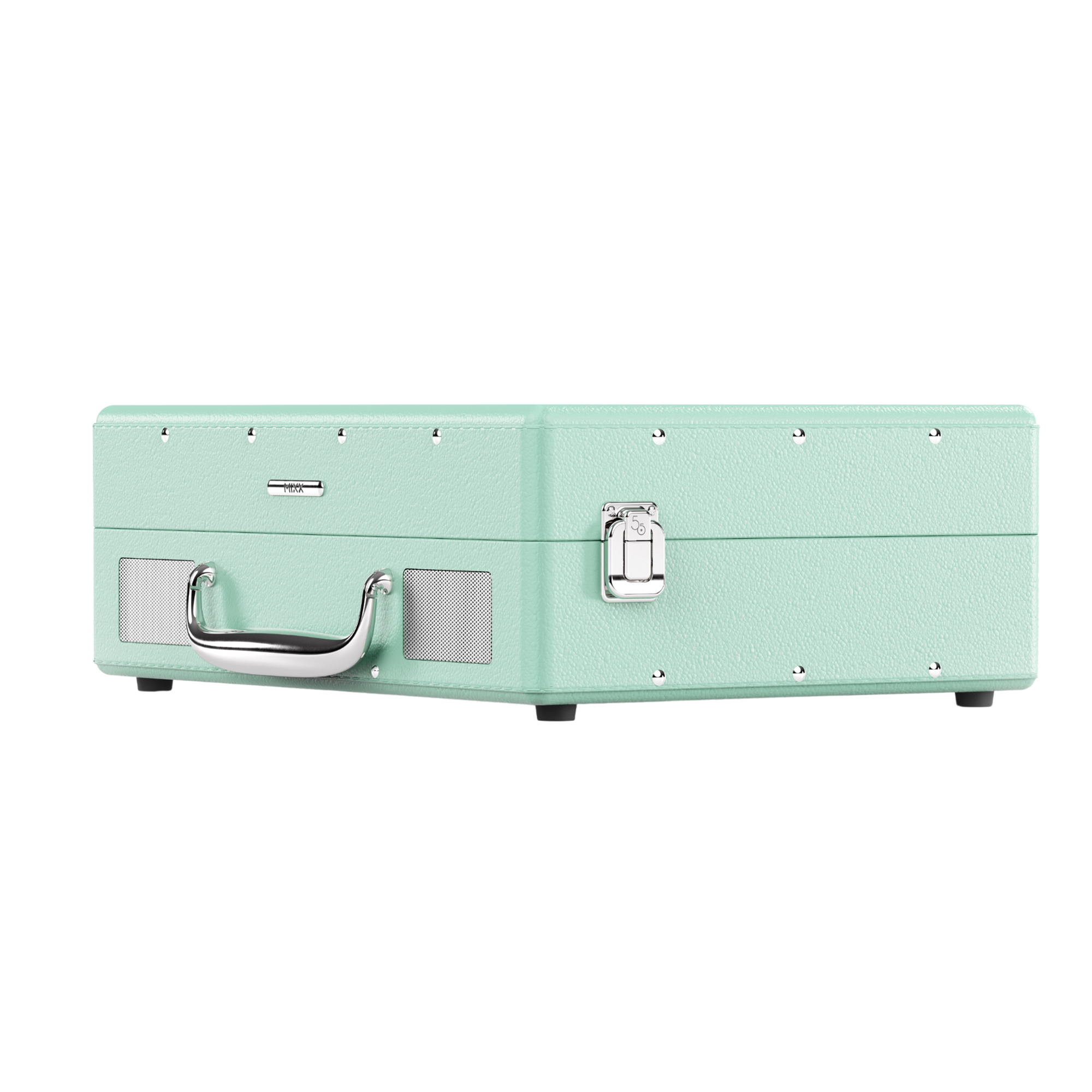 Un giradischi verde menta è centrato, con maniglia e griglie degli altoparlanti visibili. Hardware argentato e sfondo bianco.