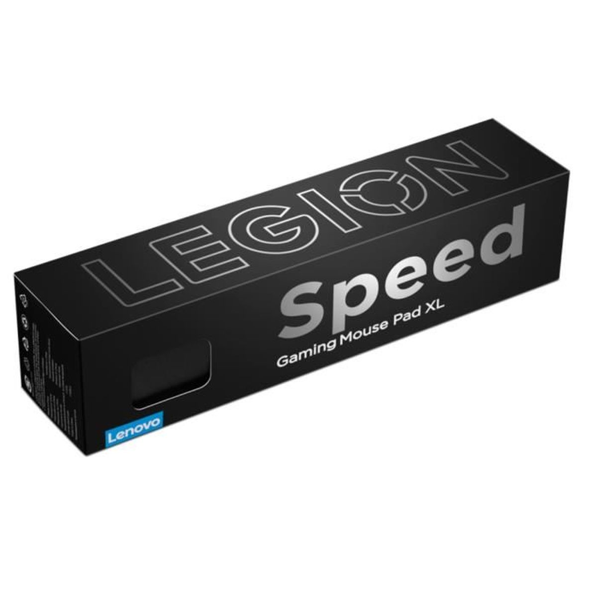 Czarne pudełko z napisem 'LEGION Speed' i 'Gaming Mouse Pad XL'. Logo 'Lenovo' na dole po lewej.