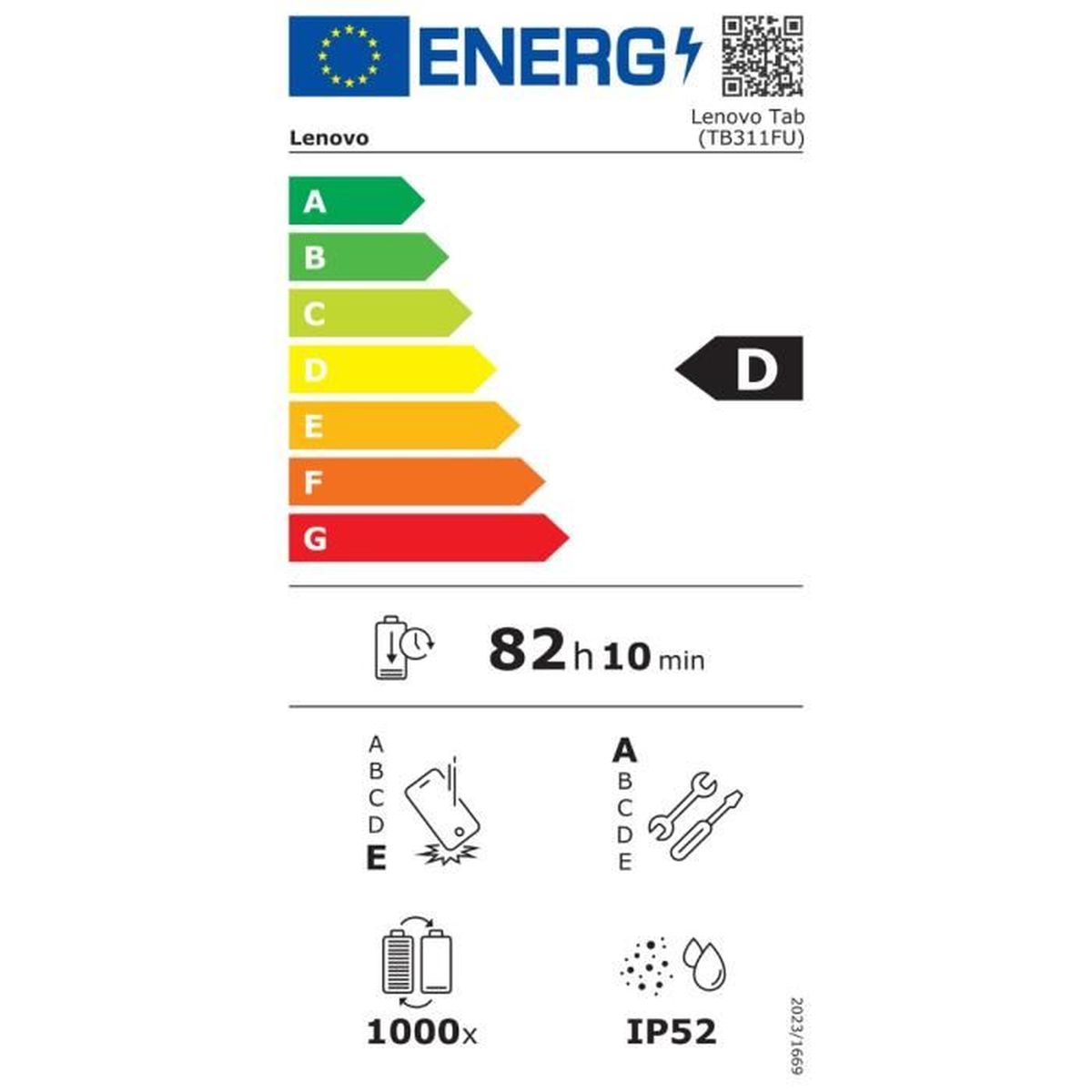 Etichetta energetica per Lenovo Tab. Mostra classi energetiche A-G, durata batteria 82h 10min e altre specifiche.