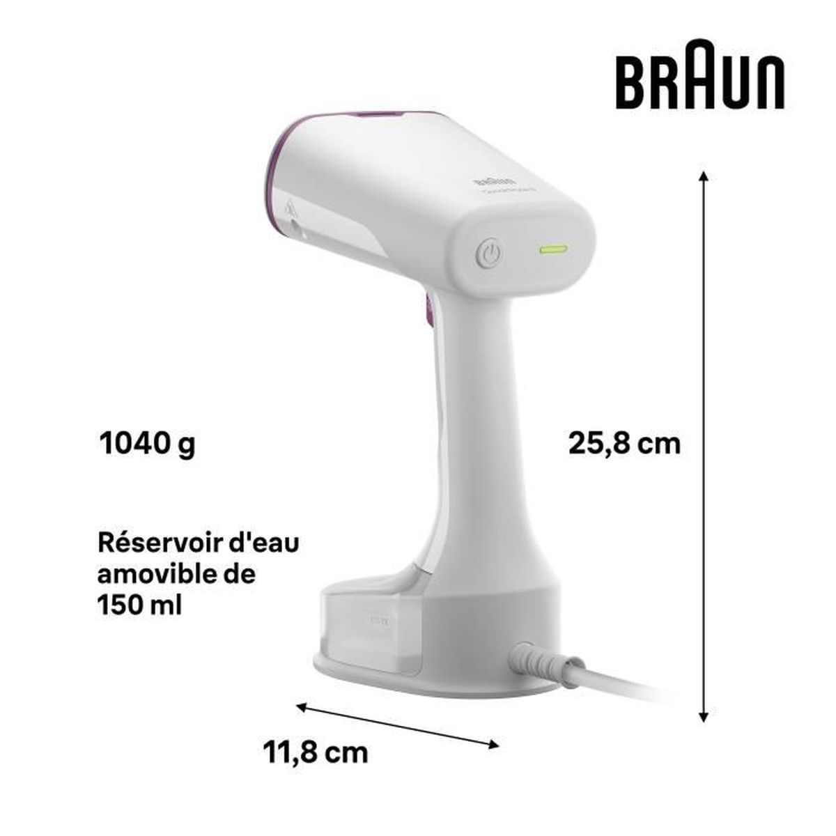 Un vaporizzatore portatile Braun bianco con dimensioni. Ha un serbatoio dell'acqua e un pulsante di accensione/spegnimento. Il logo Braun è in alto.