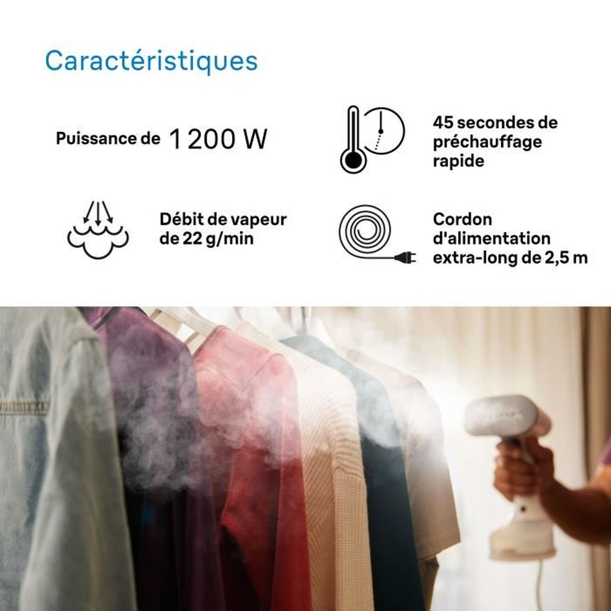 Un vaporizzatore viene utilizzato su vestiti appesi. Caratteristiche: 1200W, vapore 22g/min, preriscaldamento 45s, cavo 2,5m.