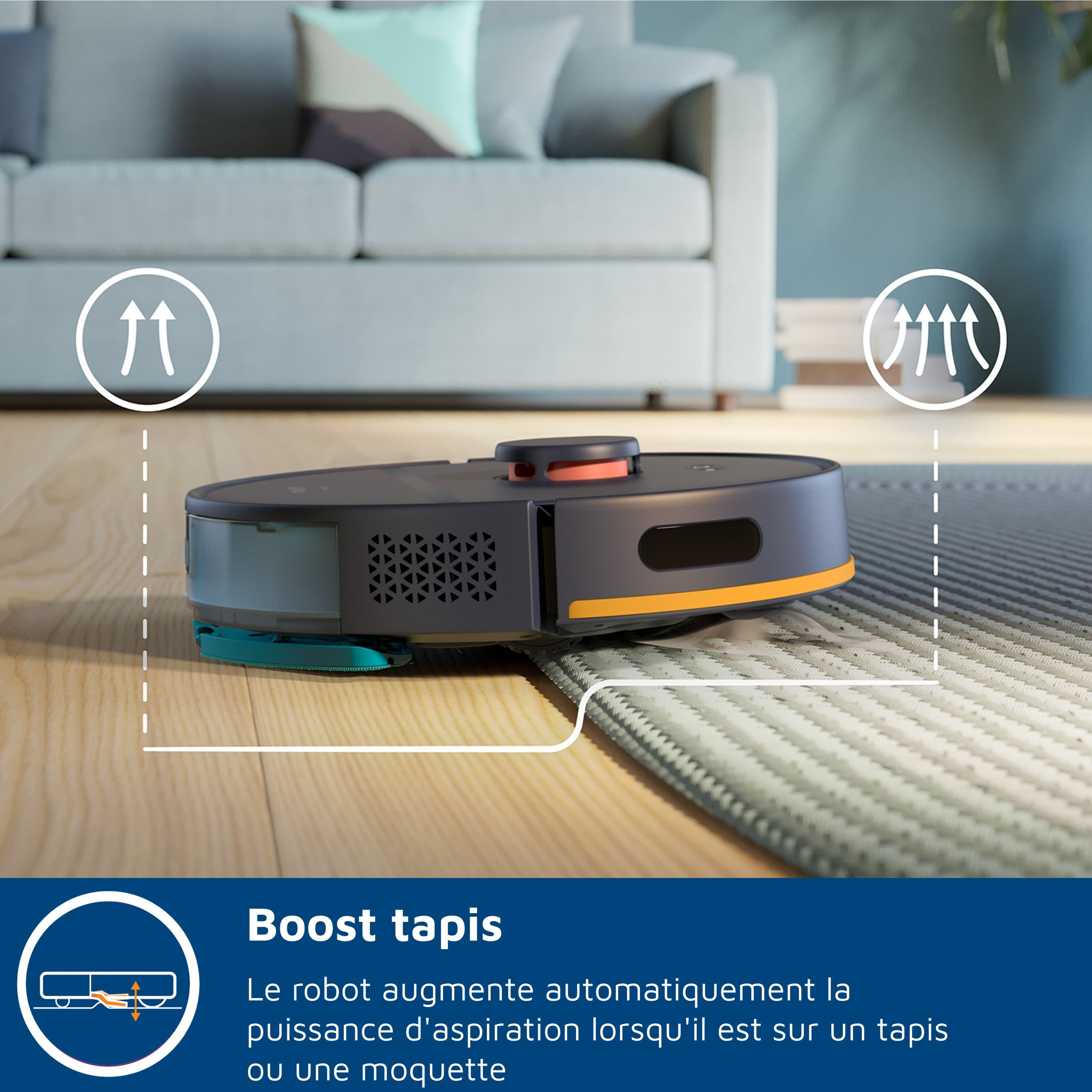 Un robot aspirateur sur un tapis. Des flèches indiquent l'aspiration. Un canapé est à l'arrière-plan flou. Le sol est en bois.