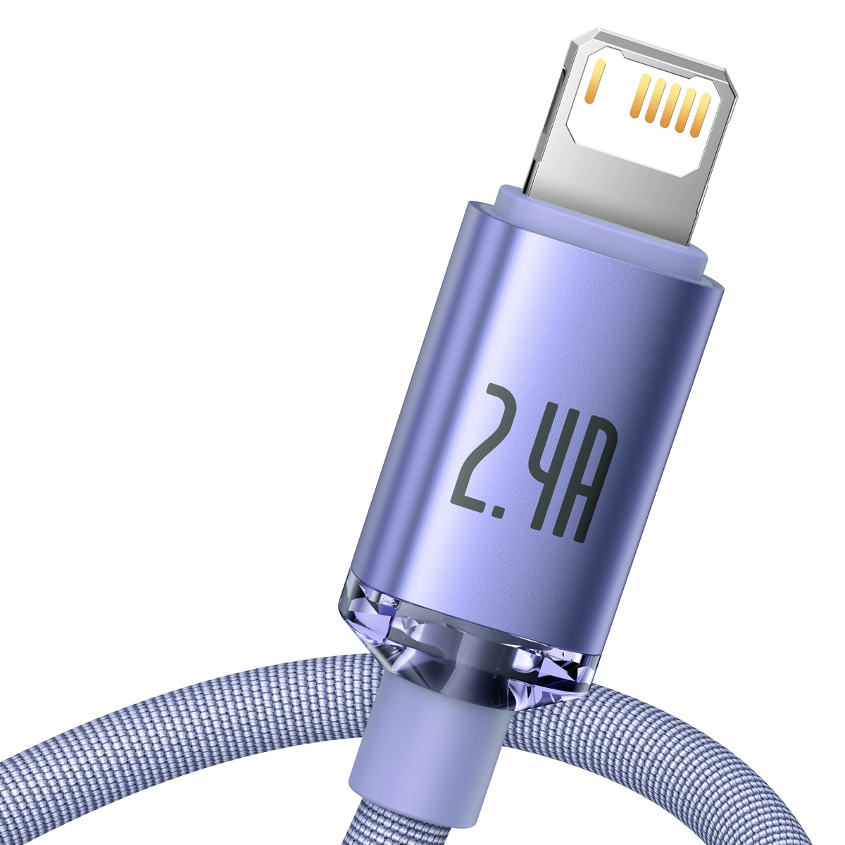 Zbliżenie fioletowego kabla ładującego ze złączem Lightning, z napisem '2.4A'. Kabel jest na białym tle.