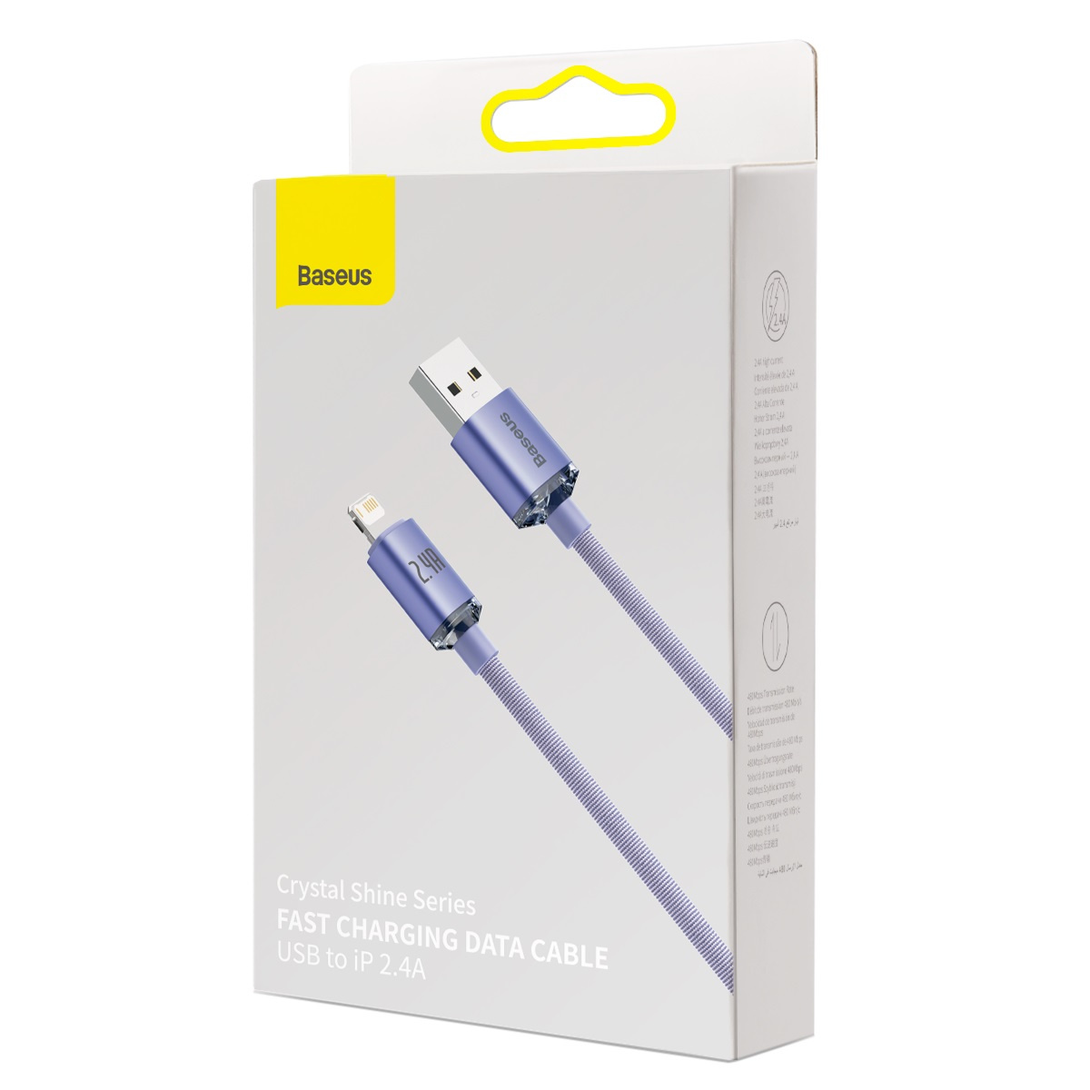 Białe pudełko z kablem ładującym Baseus. Kabel jest fioletowy, a pudełko ma tekst i żółty akcent.