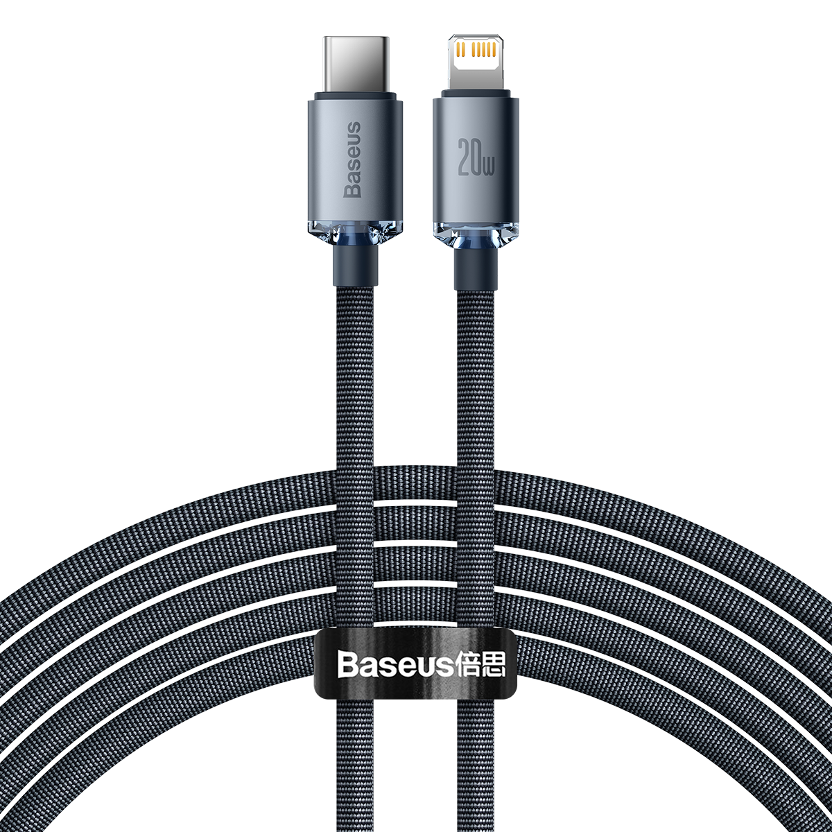 Szary kabel ładujący Baseus z wtyczką USB-C i Lightning. Kabel jest czarno-szary, pleciony, z logo Baseus.