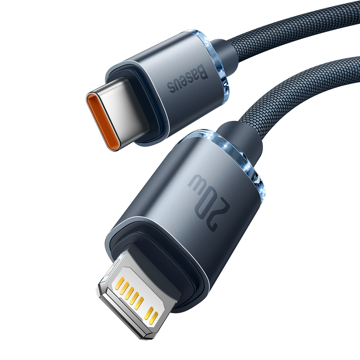 Szary kabel ładujący Baseus z wtyczką USB-C i Lightning. Kabel ma 20W. Złącza mają świetlisty pierścień.