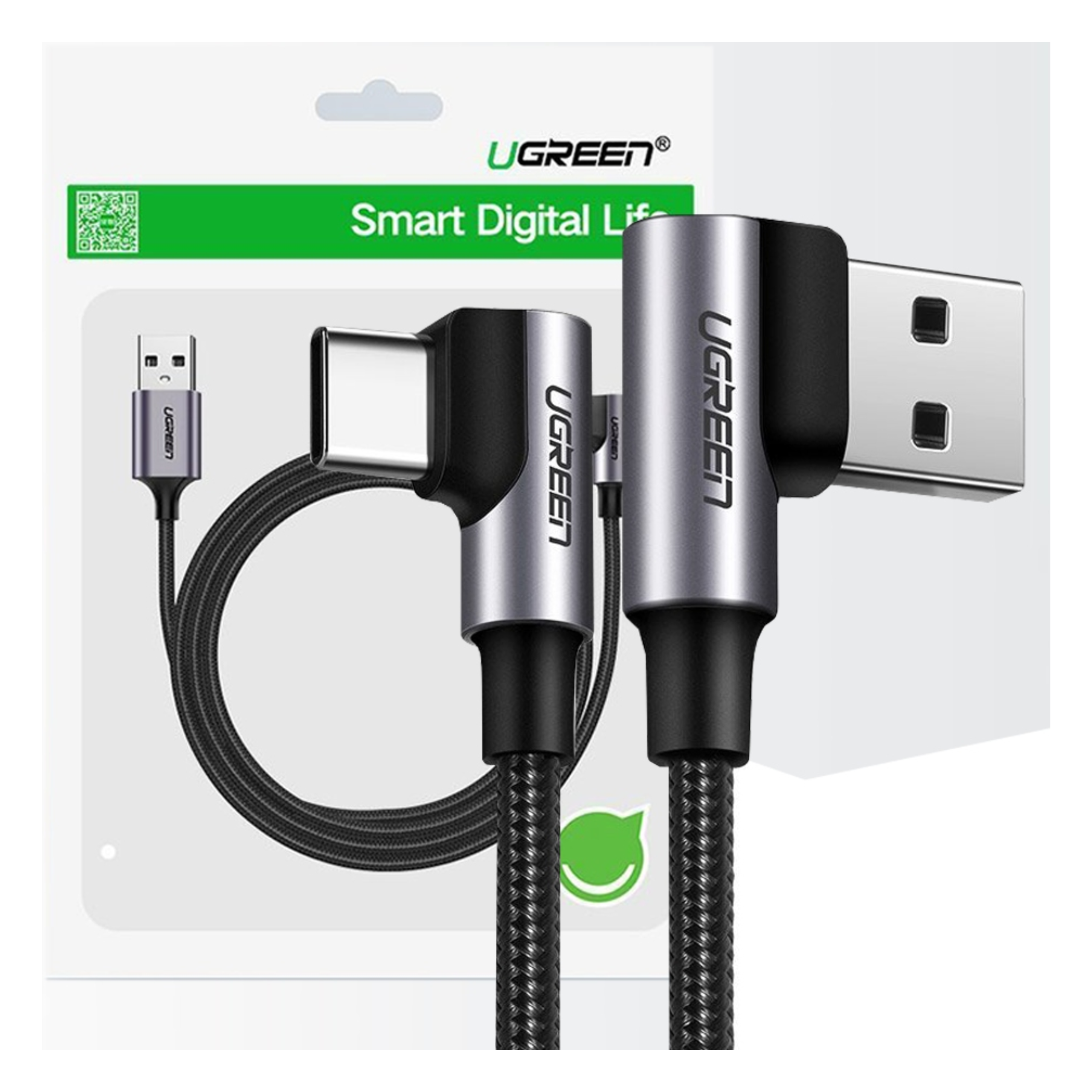 Kabel USB Ugreen. Srebrne złącza, czarny pleciony kabel, białe tło. Widoczne logo Ugreen.