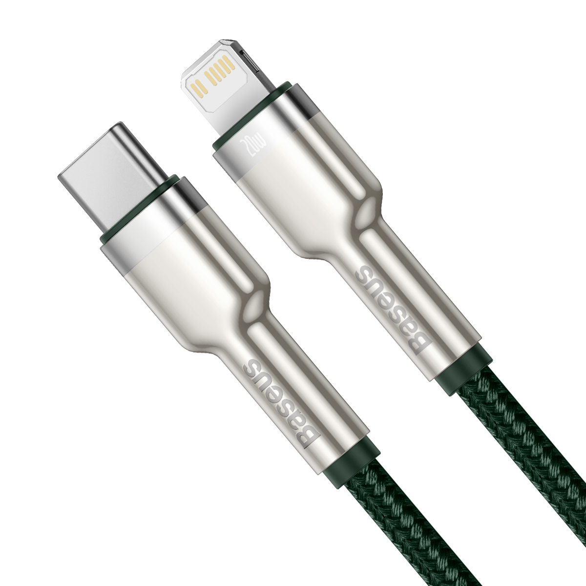 Cavo di ricarica Baseus argento e verde, con connettore USB-C e Lightning, su sfondo bianco e grigio.