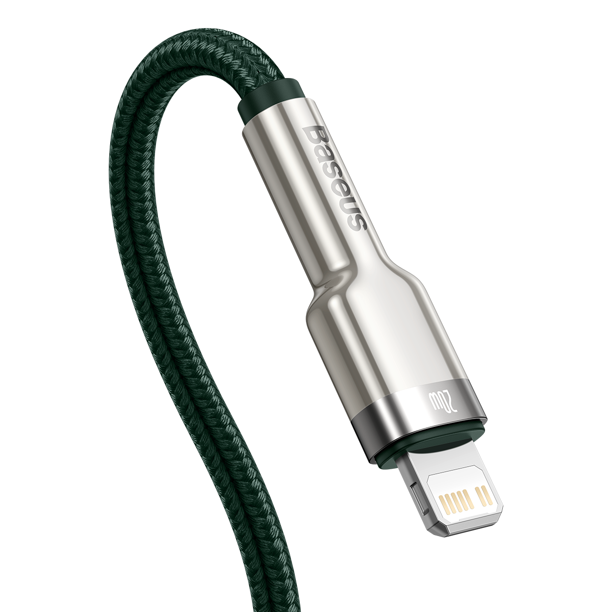 Un primo piano di un cavo di ricarica Baseus. Il cavo è verde scuro e intrecciato. Il connettore è argentato, con connettore Lightning.