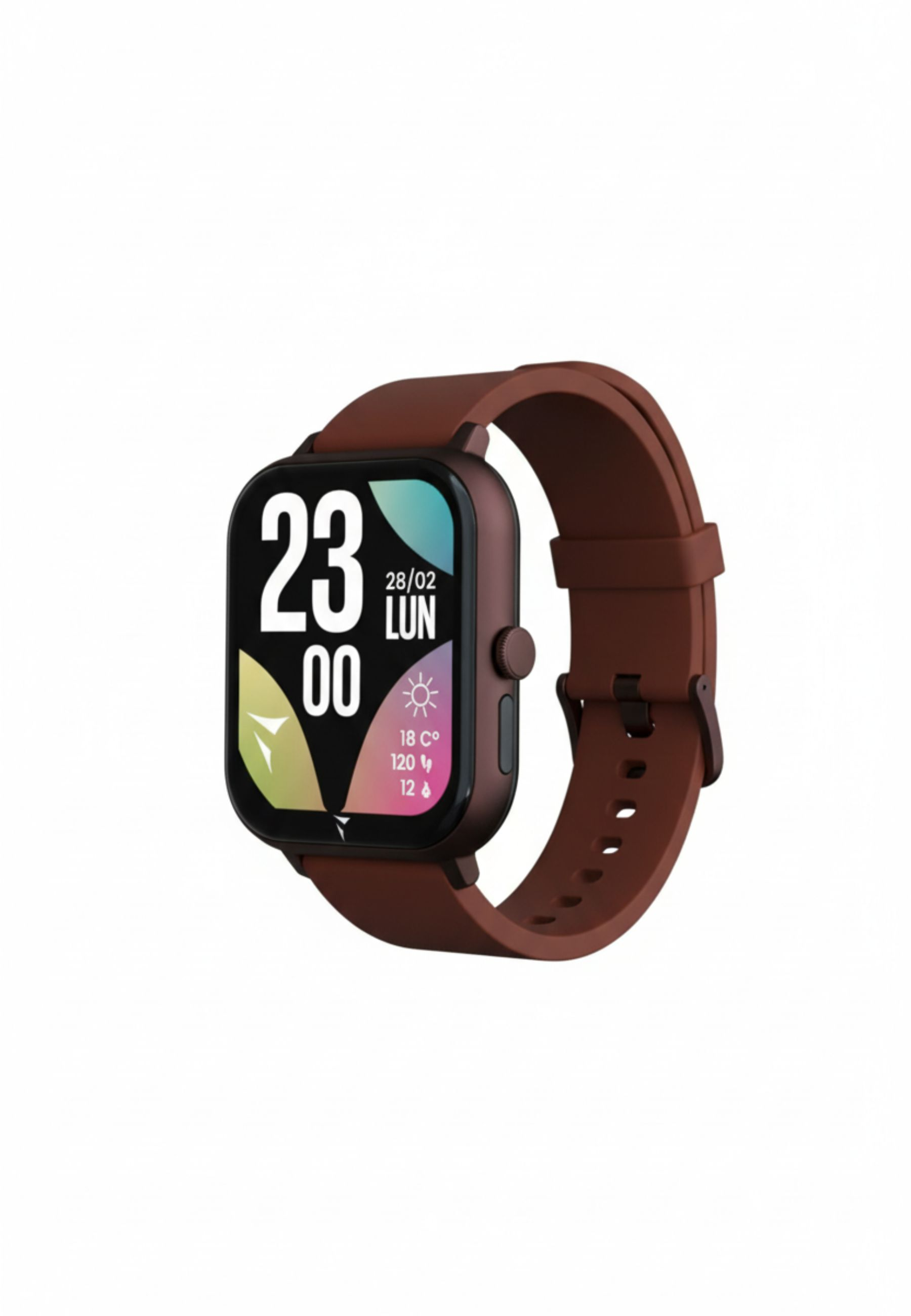 Braune Smartwatch mit braunem Armband. Der Bildschirm zeigt Datum, Uhrzeit und Wetter.