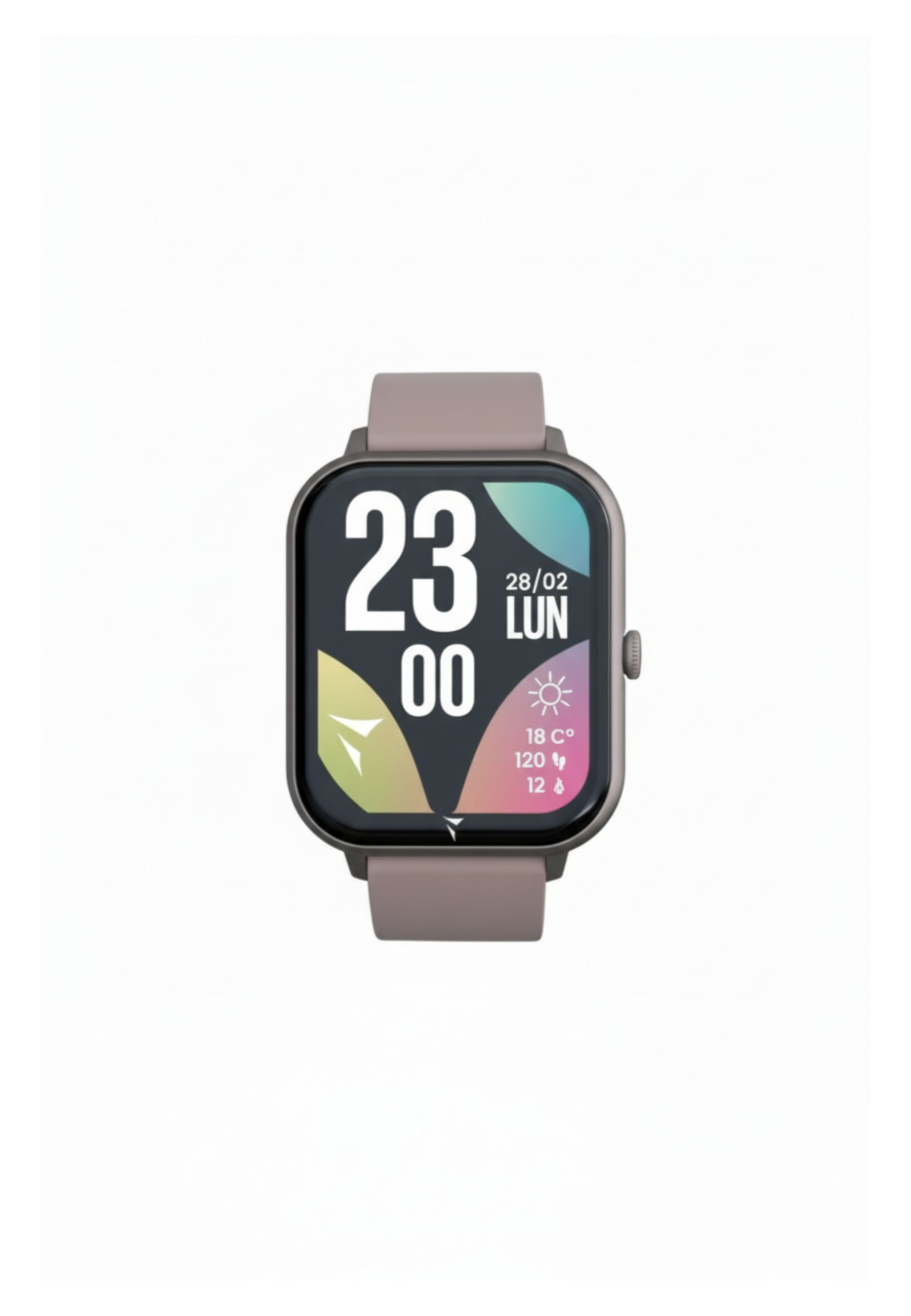 Smartwatch mit Bildschirm, der Zeit, Datum und Wetterdetails anzeigt. Sie hat ein graues Armband und einen weißen Hintergrund.
