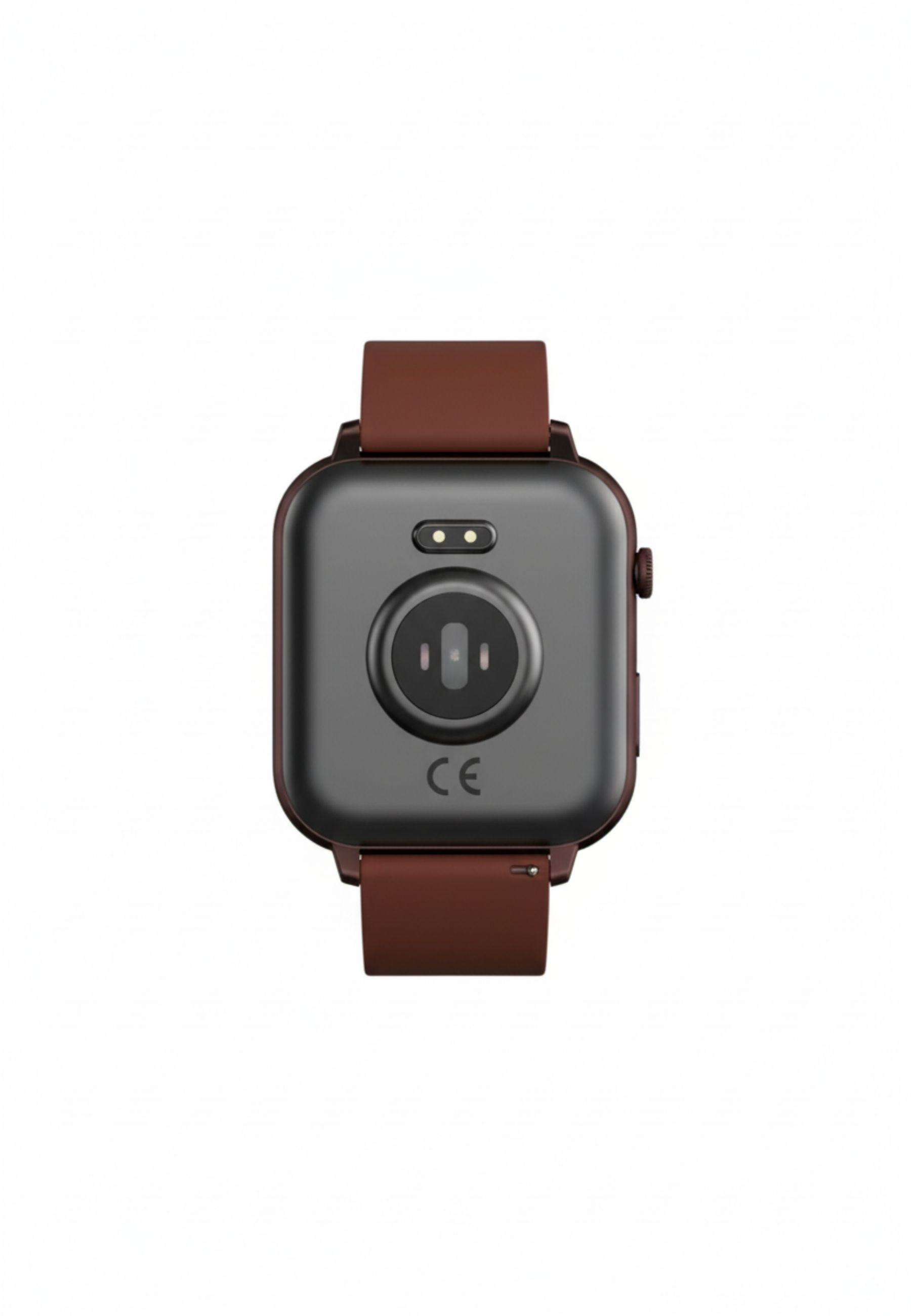 Rückansicht einer Smartwatch. Die Uhr ist schwarz mit braunen Armbändern. Sie hat einen Herzfrequenzsensor und CE-Kennzeichnung.