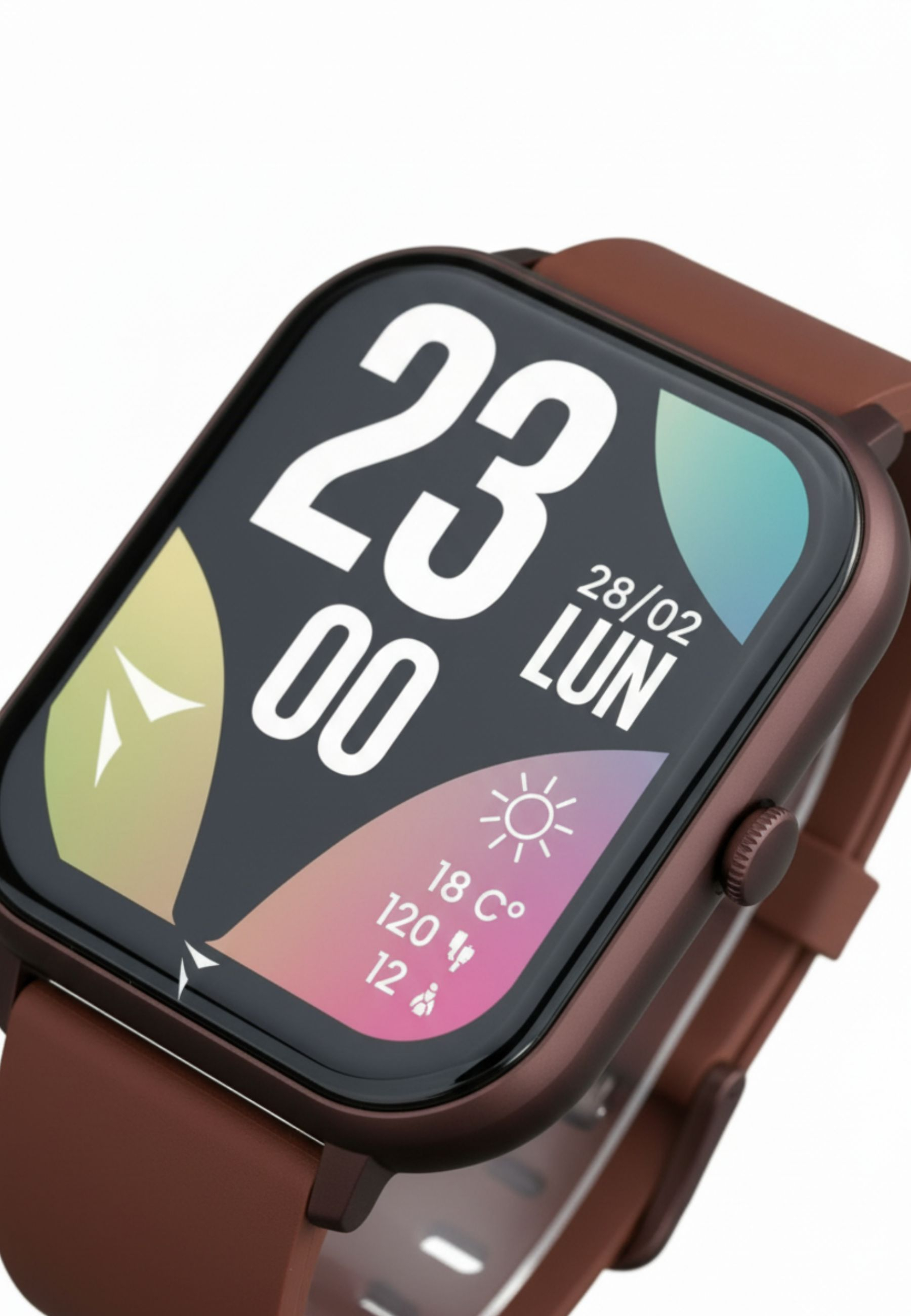 Eine braune Smartwatch zeigt Datum, Uhrzeit und Wetterinformationen an. Das Armband ist ebenfalls braun.