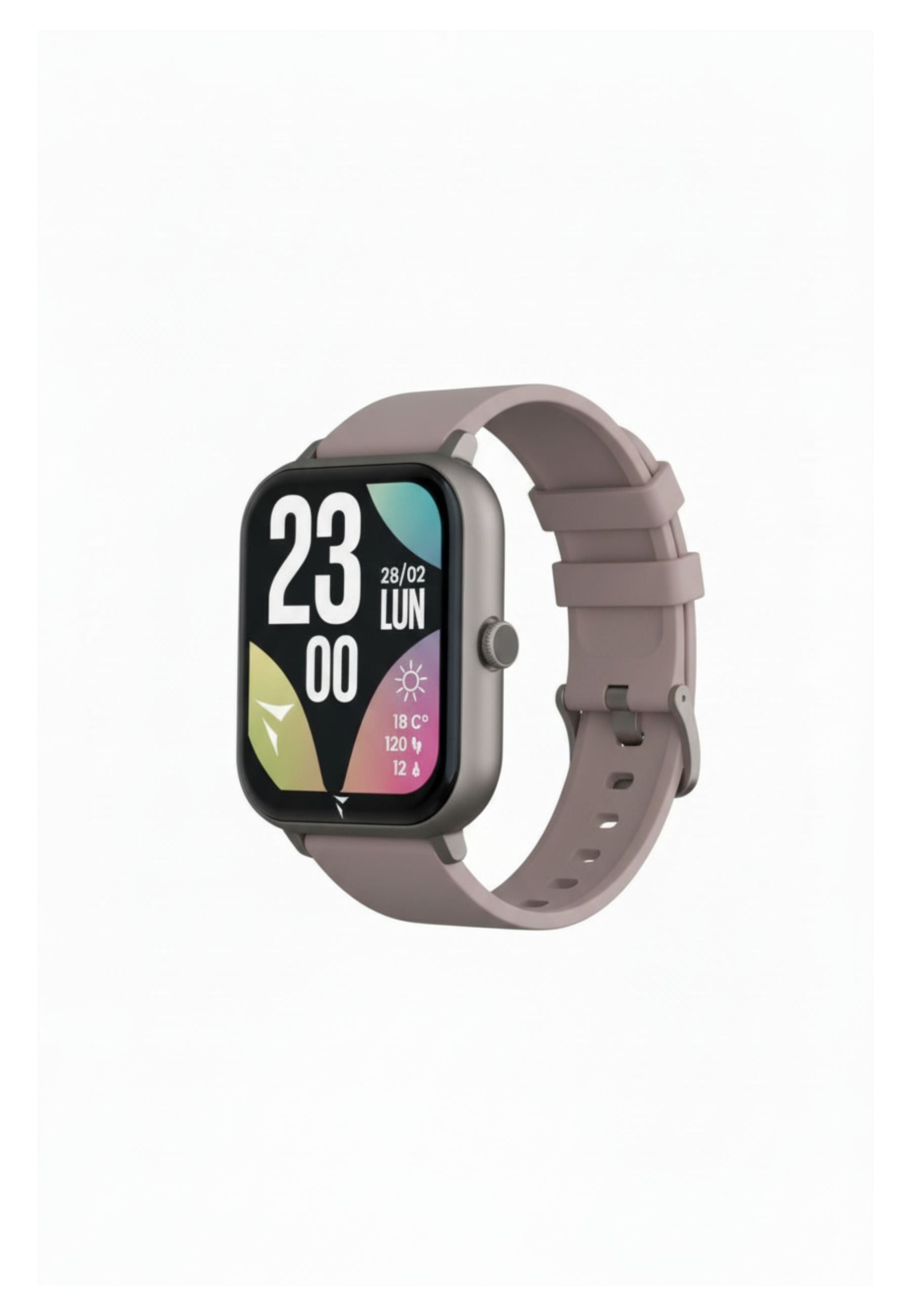 Eine Smartwatch mit rosa Armband zeigt Zeit, Datum und Wetterinformationen. Der Hintergrund ist weiß.