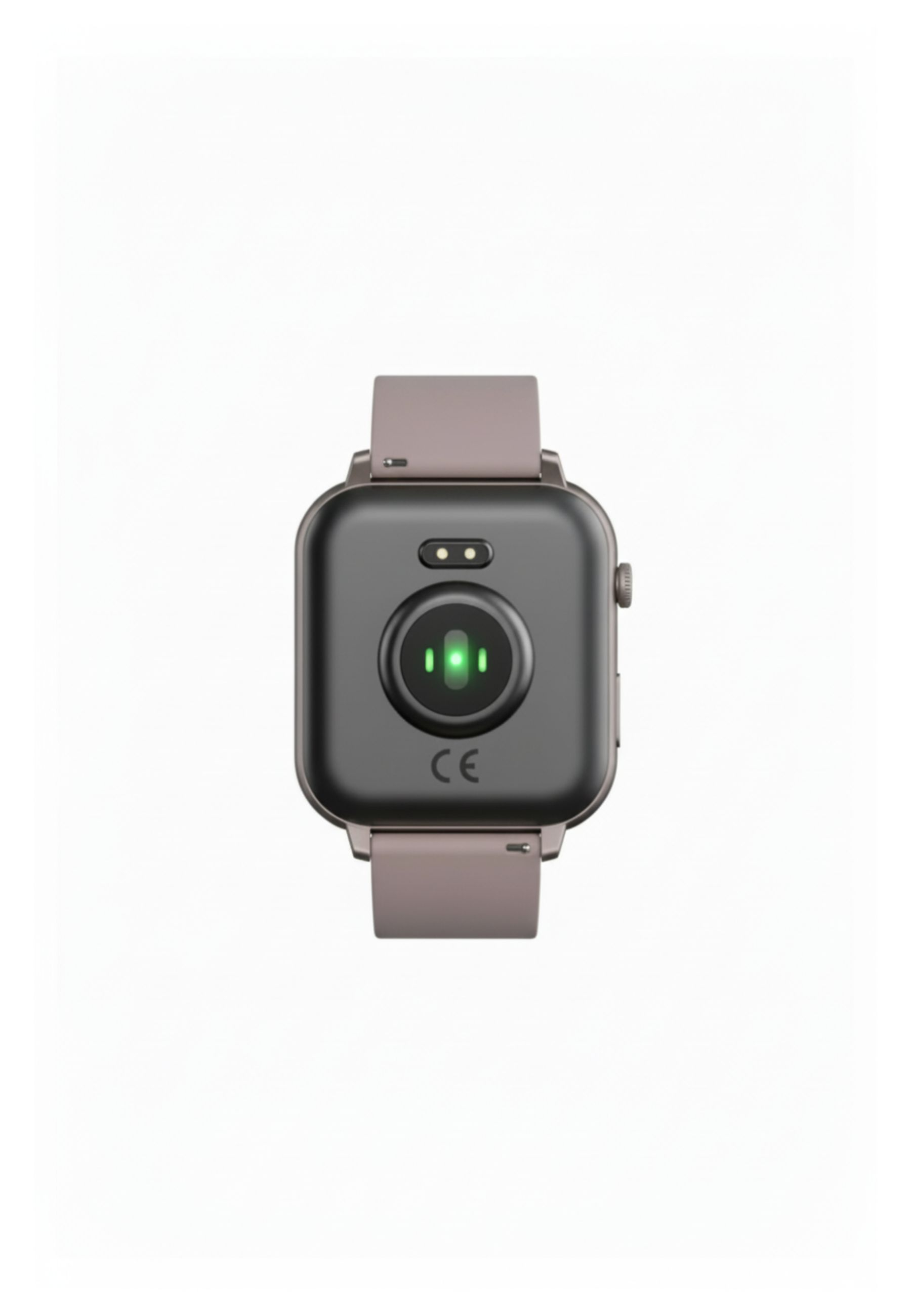 Eine Smartwatch mit schwarzem Bildschirm und grauem Armband. Der Bildschirm zeigt grüne Lichter und die Buchstaben CE.