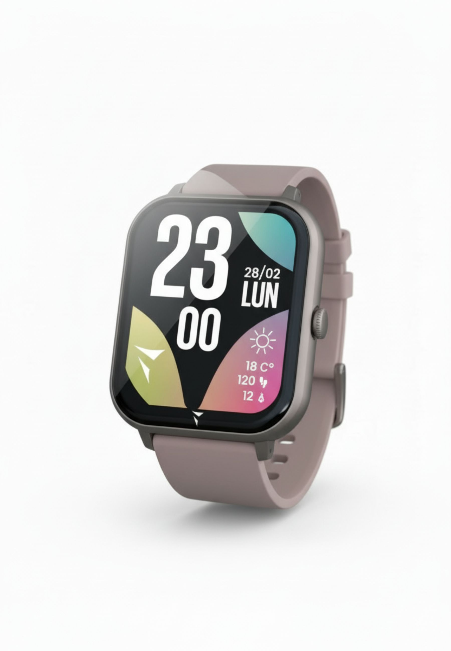 Eine Smartwatch zeigt Zeit und Datum an. Sie hat ein hellrosa Armband und einen grauen Rahmen. Der Bildschirm zeigt Datum, Uhrzeit und Wetter.