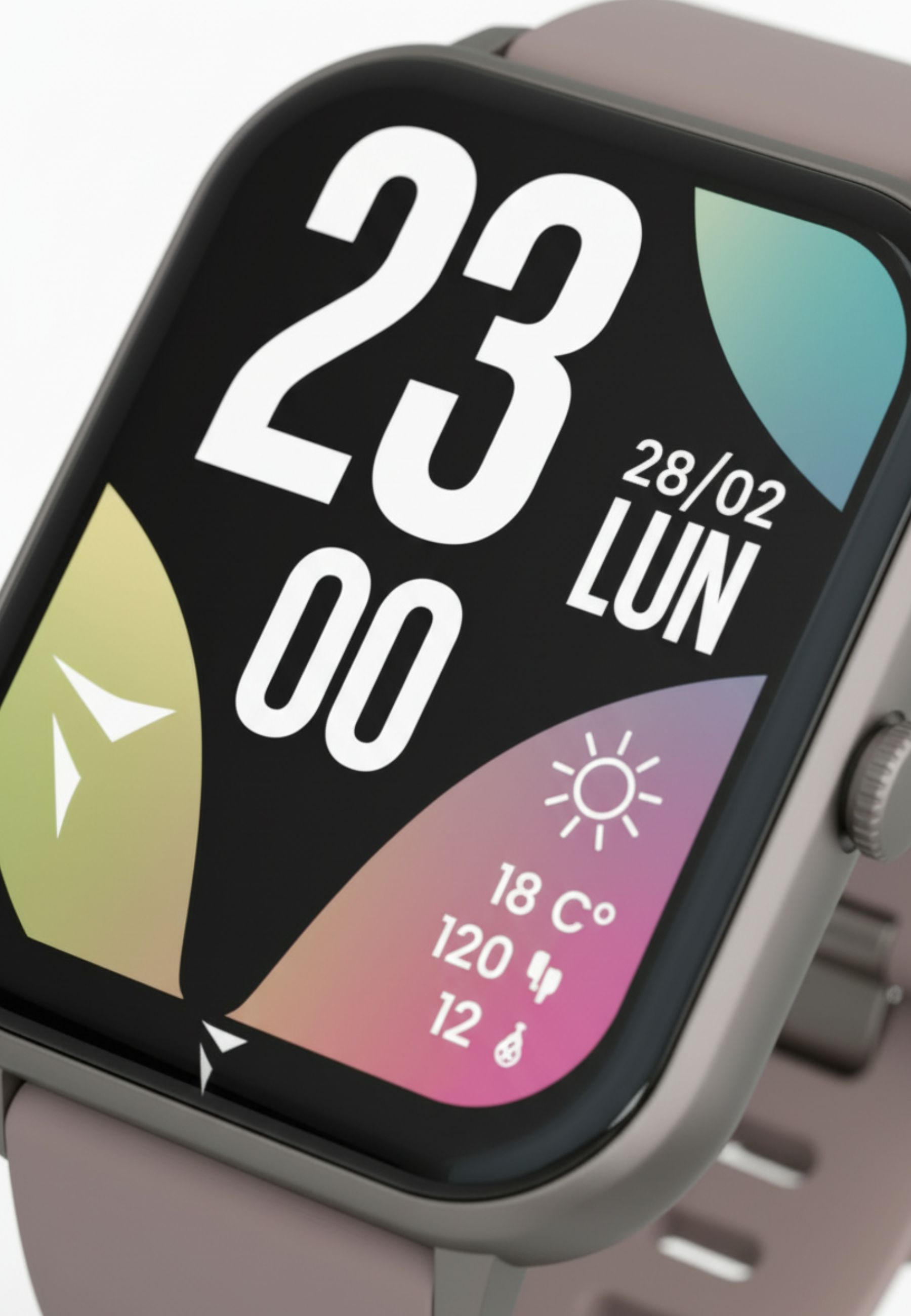 Eine Smartwatch zeigt '23:00', '28/02 LUN', 18°C und andere Daten an. Die Uhr hat ein graues Gehäuse und ein rosa Armband.