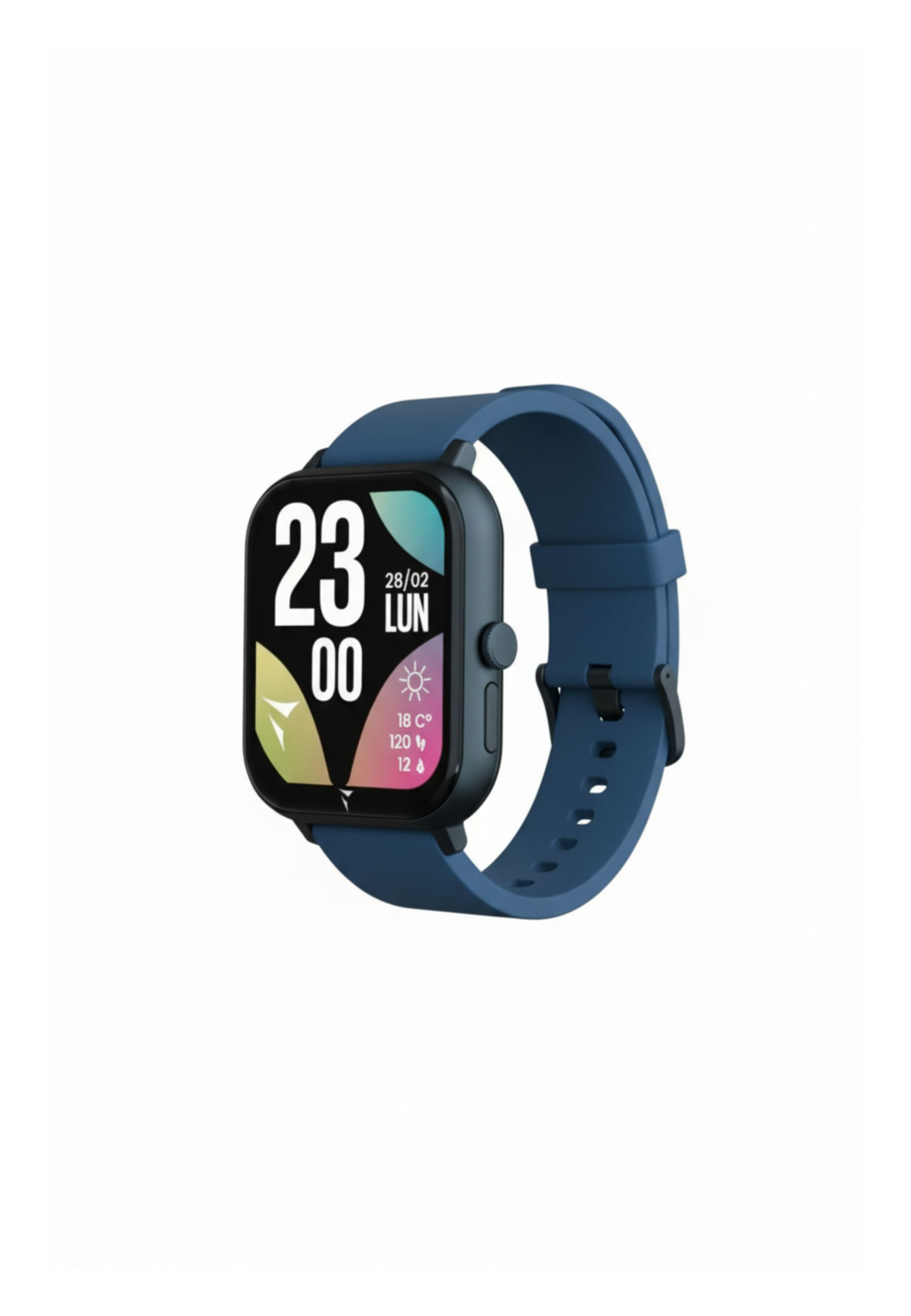 Eine blaue Smartwatch zeigt Datum und Uhrzeit an. Die Uhr hat ein schwarzes Zifferblatt mit weißen Ziffern und ein blaues Armband.