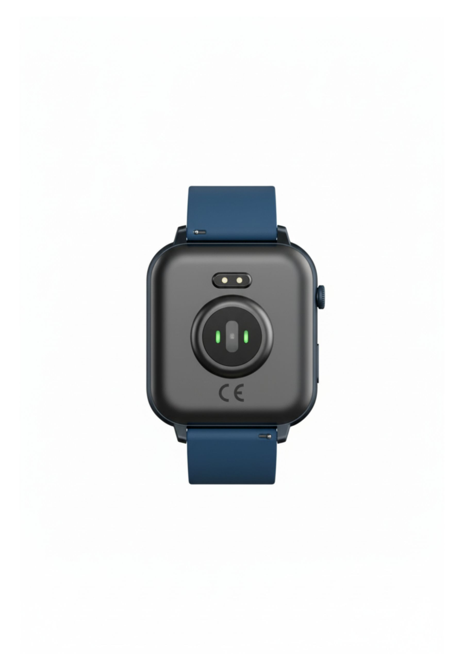 Rückansicht einer Smartwatch mit blauen Armbändern. Die Uhr hat ein schwarzes Zifferblatt mit Sensoren und ein CE-Zeichen.