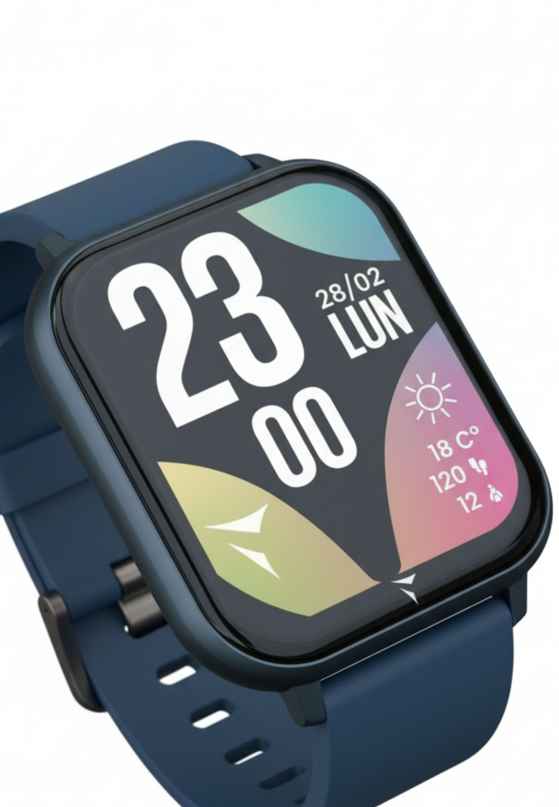 Nahaufnahme einer blauen Smartwatch mit Datum, Uhrzeit und Wetterdetails auf weißem Hintergrund.
