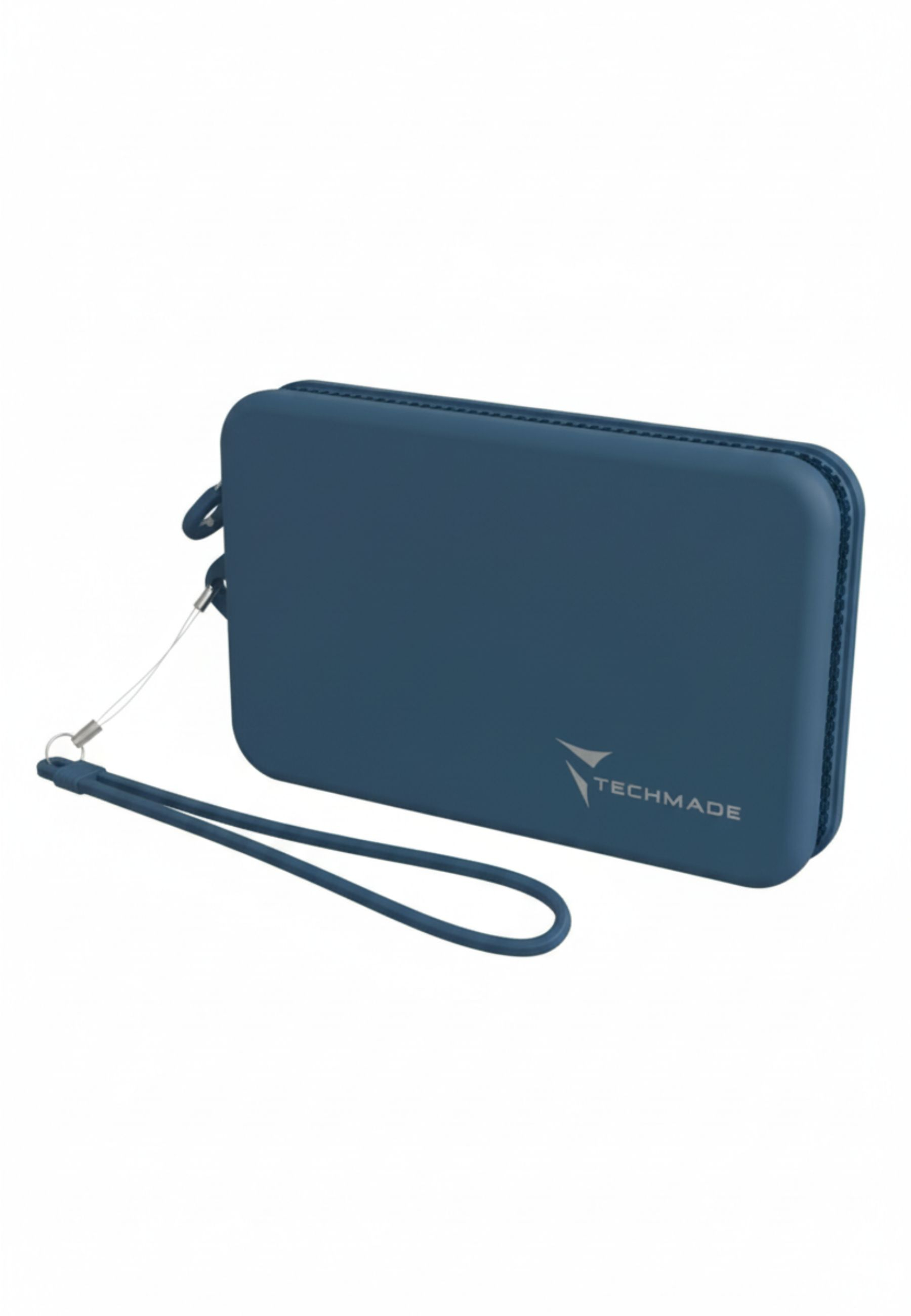 Eine dunkelblaue Brieftasche mit Handschlaufe. Die Marke TECHMADE ist silberfarben aufgedruckt. Der Hintergrund ist weiß.