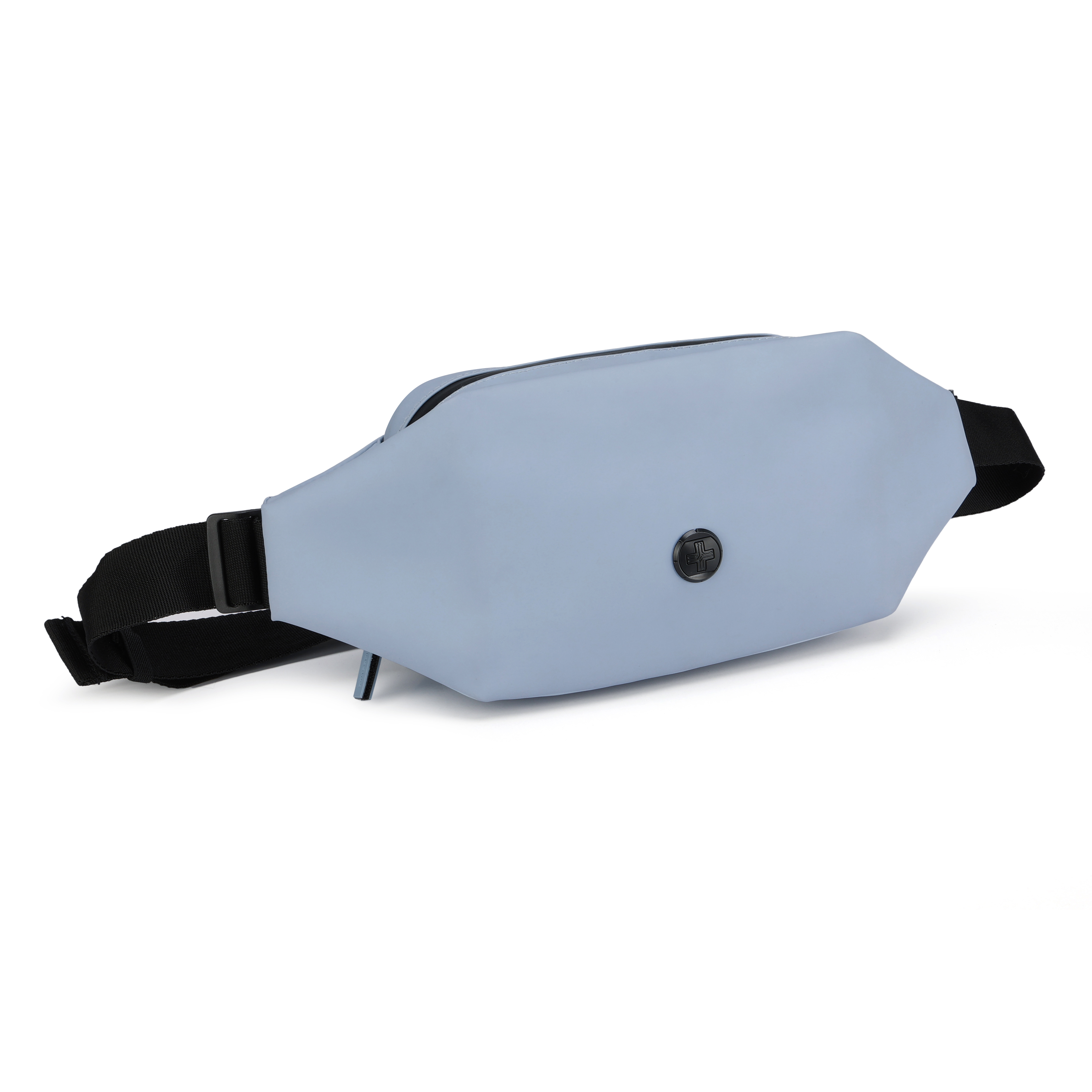 Marsupio azzurro con cinturino nero, logo e sfondo bianco.