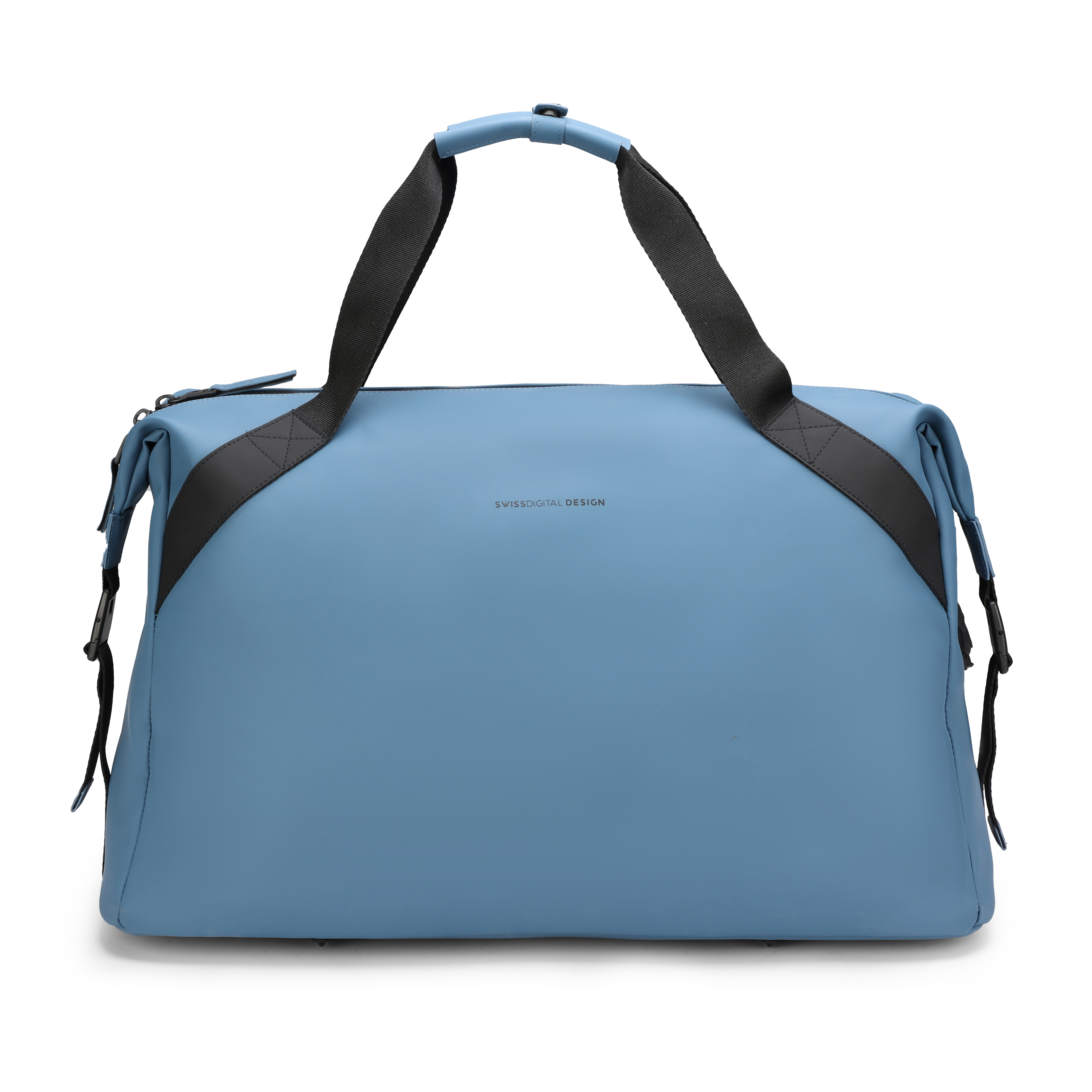 Una borsa blu con cinghie e manici neri. Le parole 'SWISS DIGITAL DESIGN' sono visibili sulla borsa.
