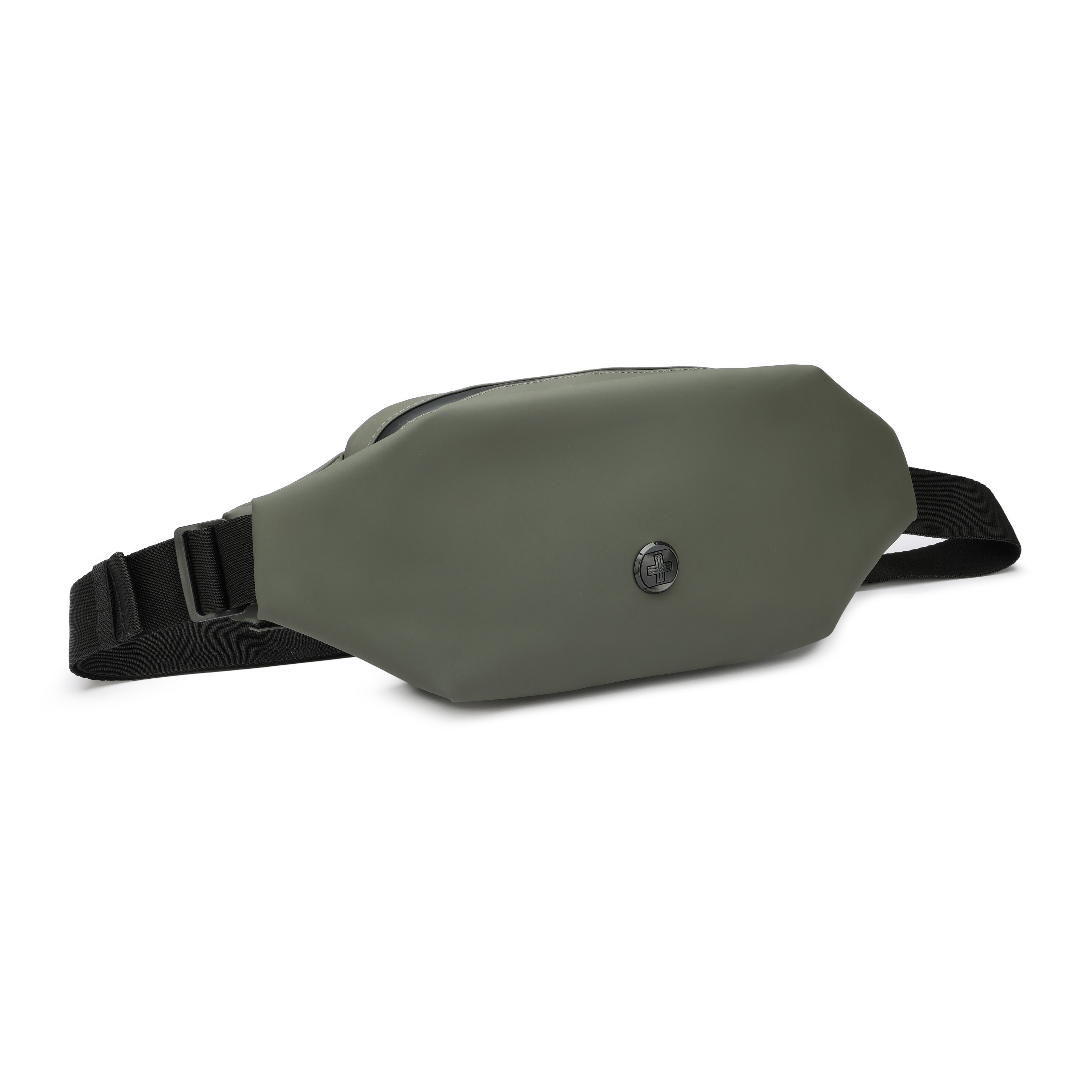 Un marsupio verde oliva con cinturino nero. Lo sfondo è bianco.