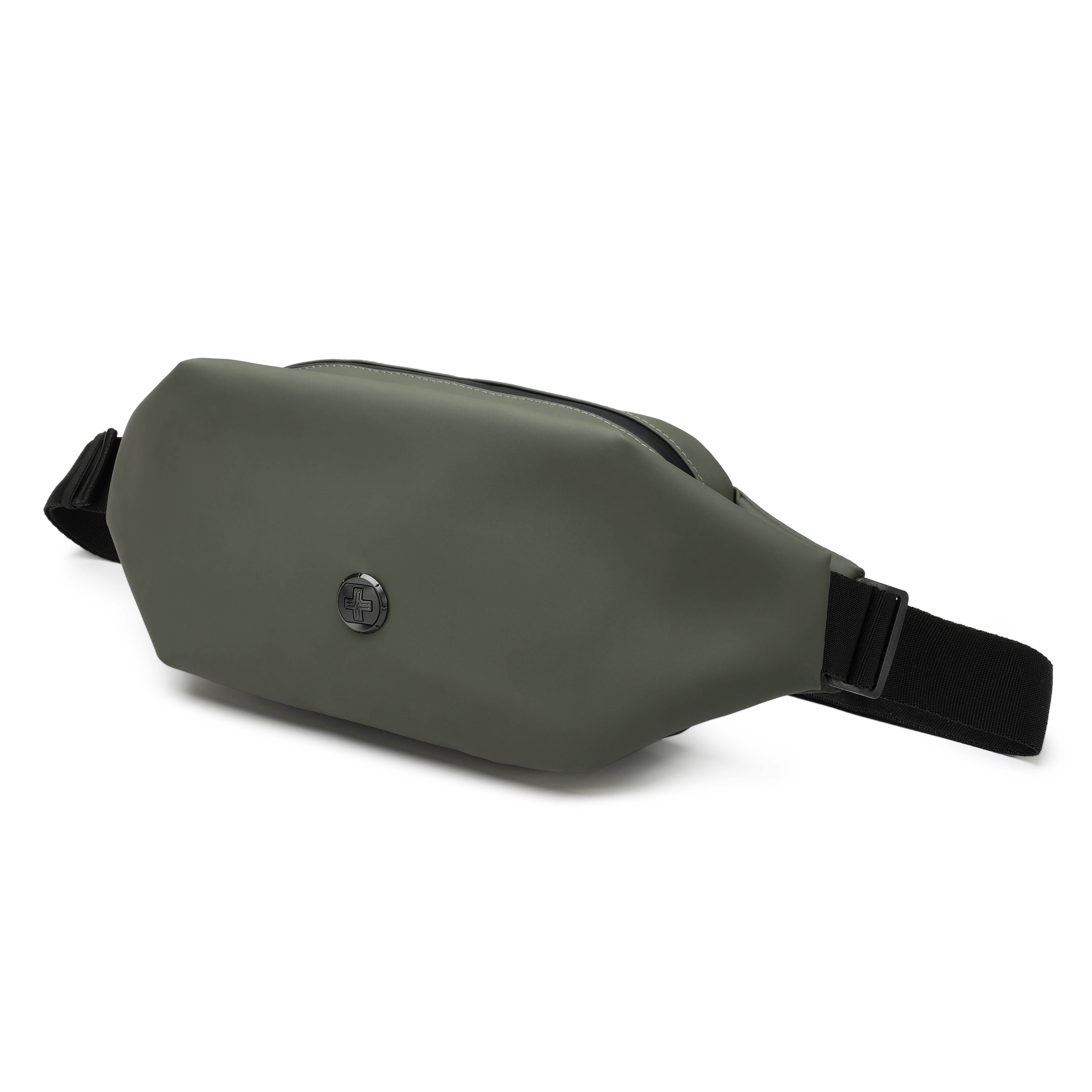 Marsupio verde oliva su sfondo bianco. Ha un cinturino nero e un piccolo logo.