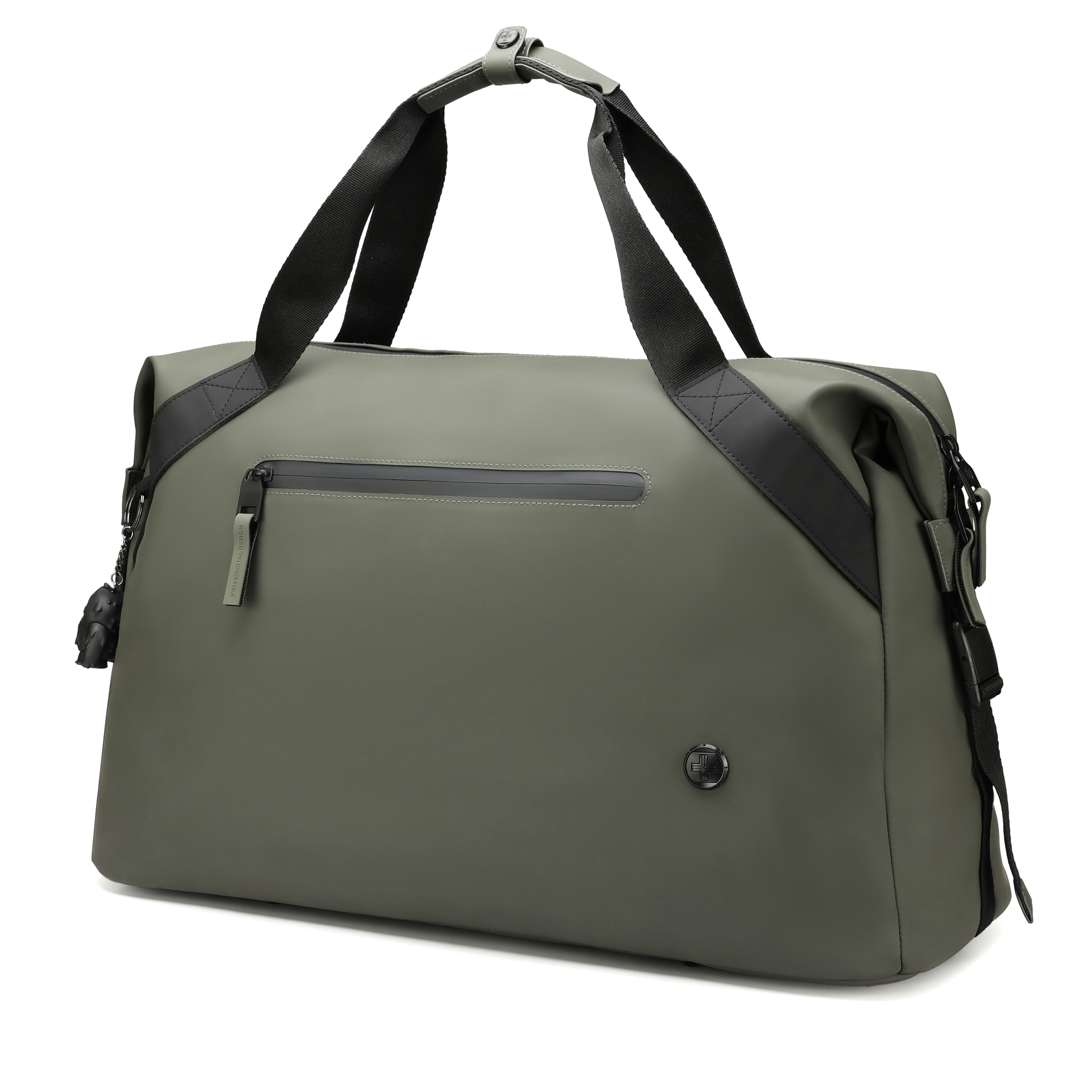 Una borsa da viaggio verde oliva con cinghie e cerniere nere. Lo sfondo è bianco.