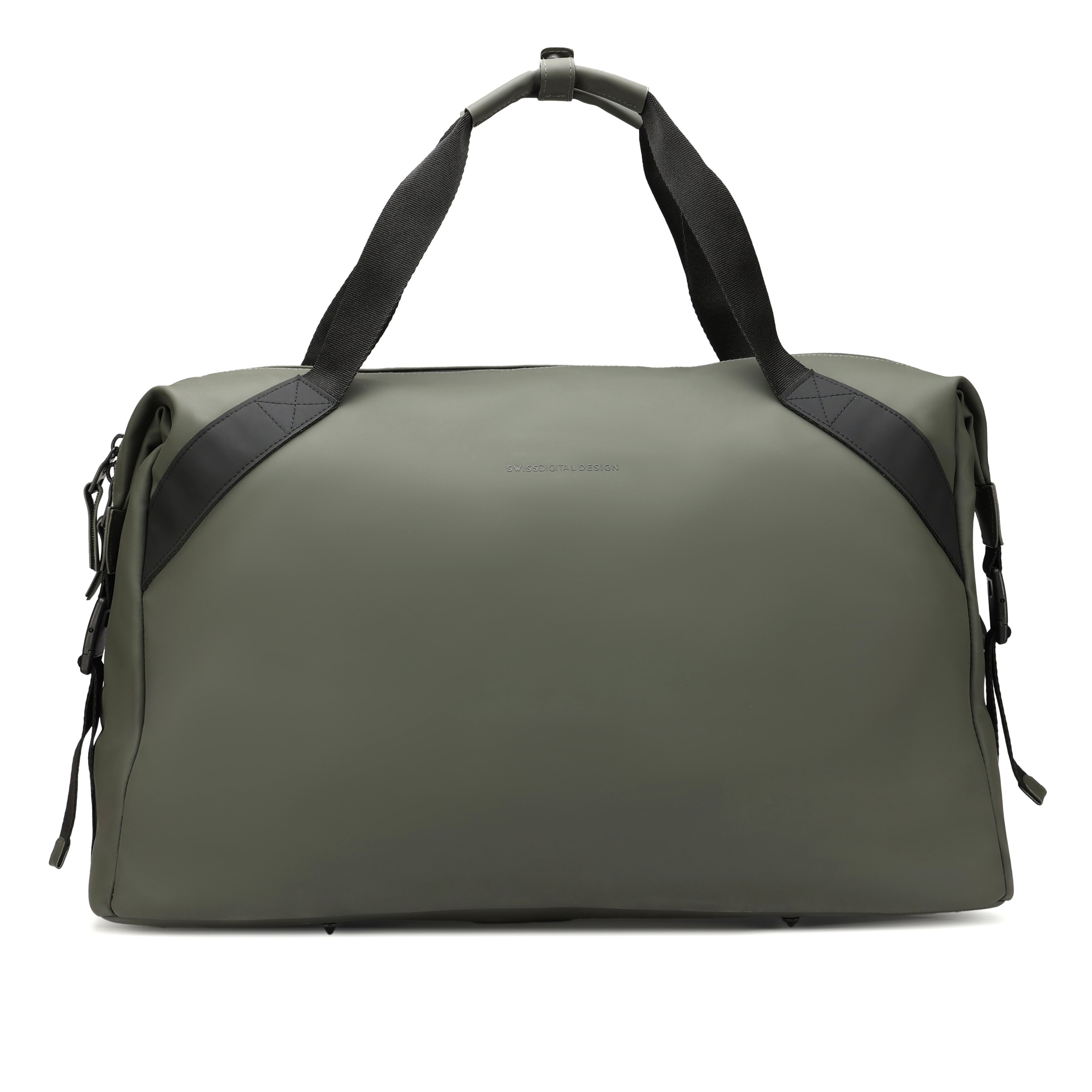 Una borsa da viaggio verde oliva con cinghie e manico neri e la scritta SWISSDIGITAL DESIGN.