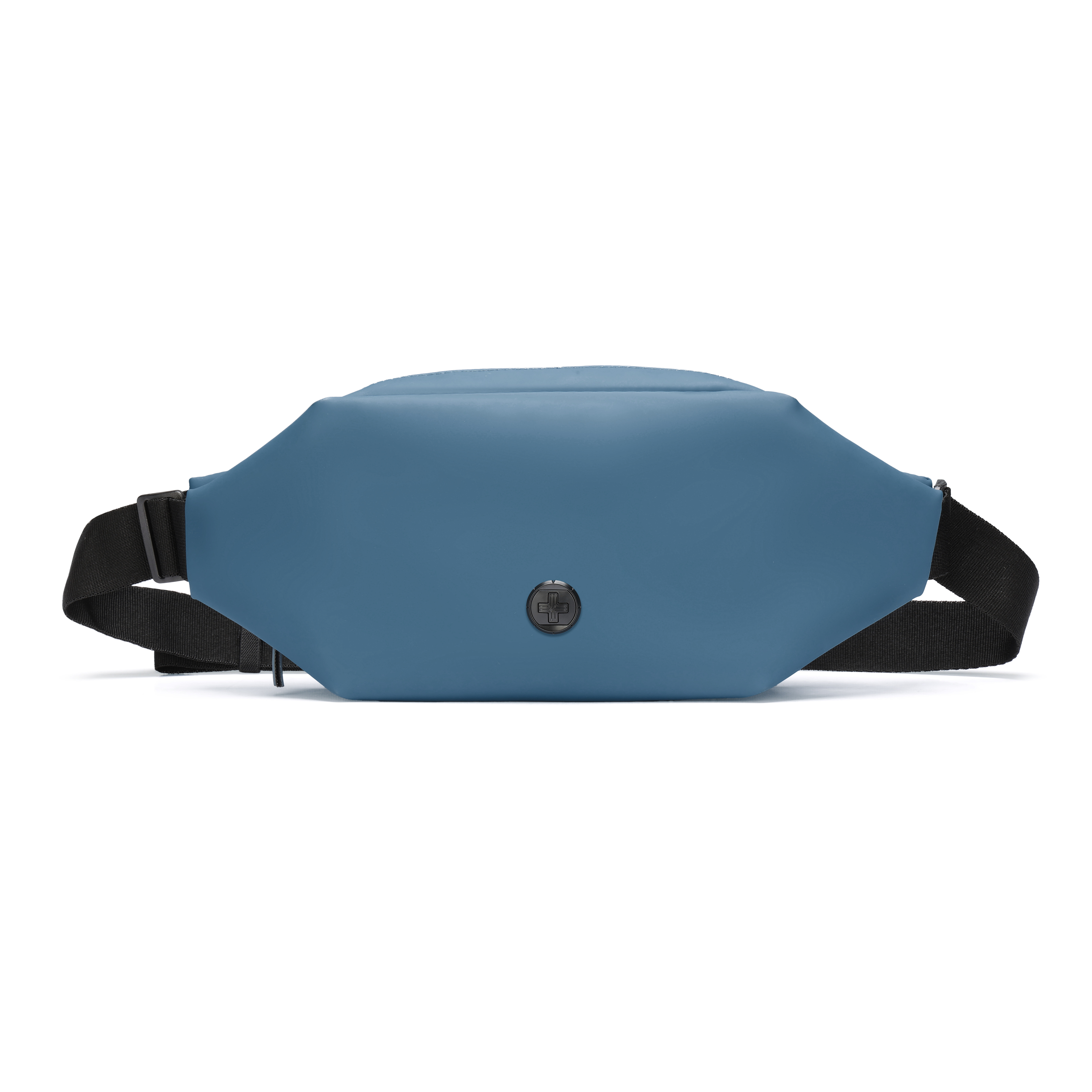 Un marsupio blu con un cinturino nero. Lo sfondo è bianco.