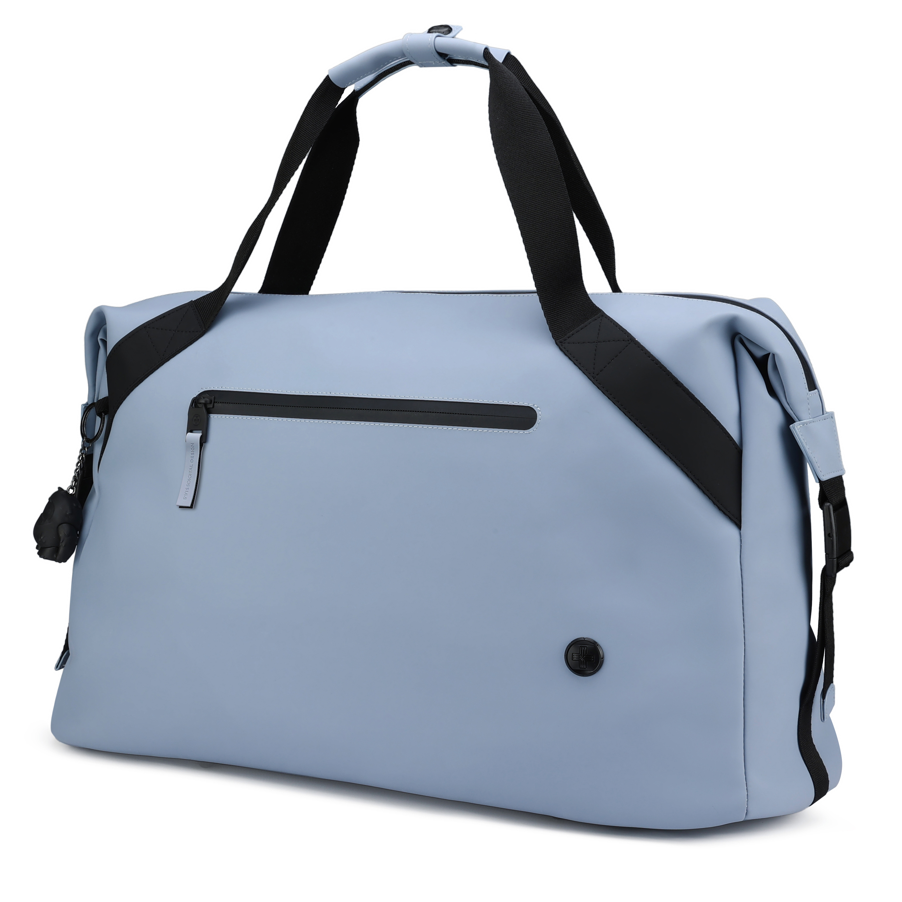 Borsa da viaggio azzurra con cinghie e cerniera nere. La borsa ha un manico e un piccolo ciondolo.