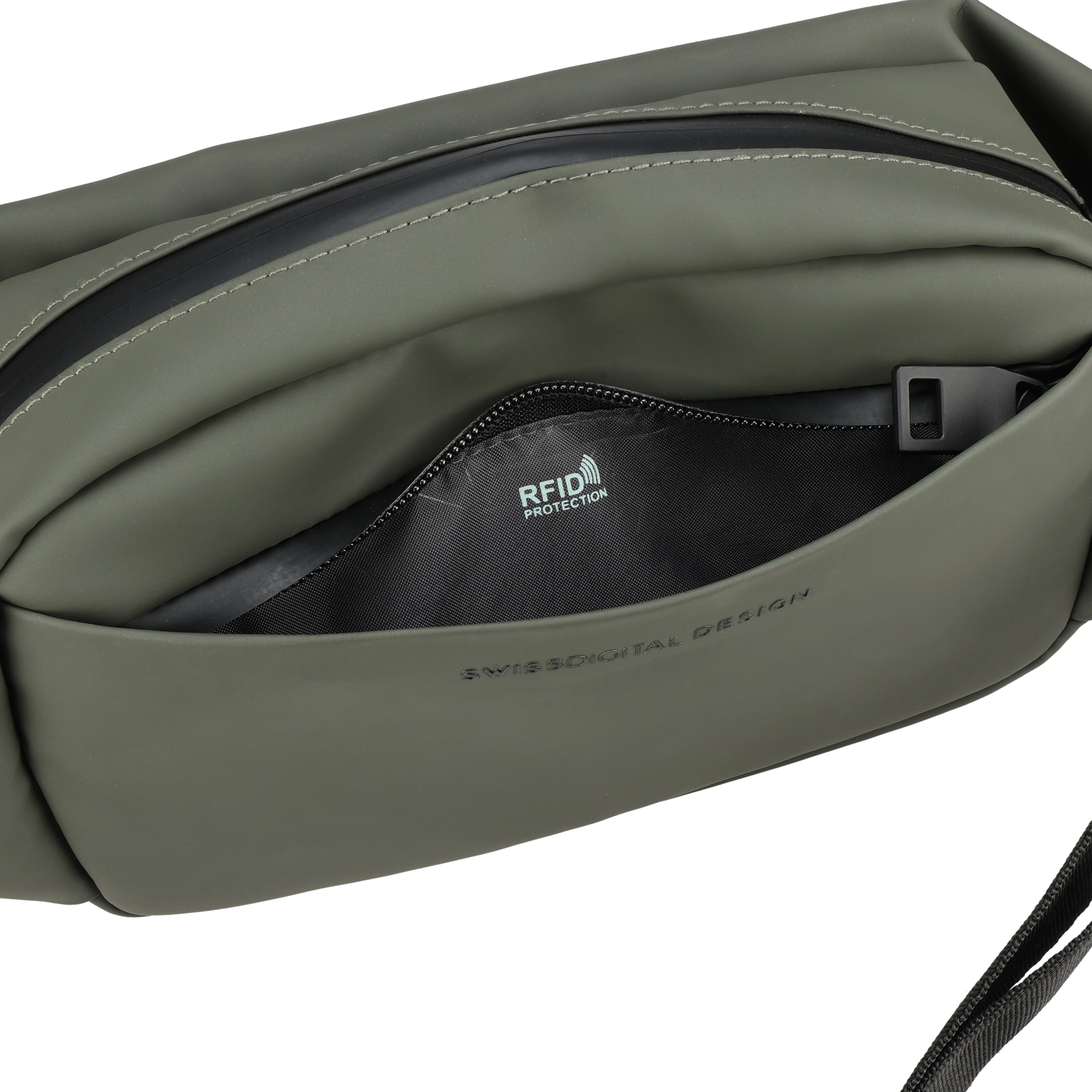 Borsa verde oliva con cerniera nera, protezione RFID e marchio Swiss Digital Design. Cinturino nero visibile.