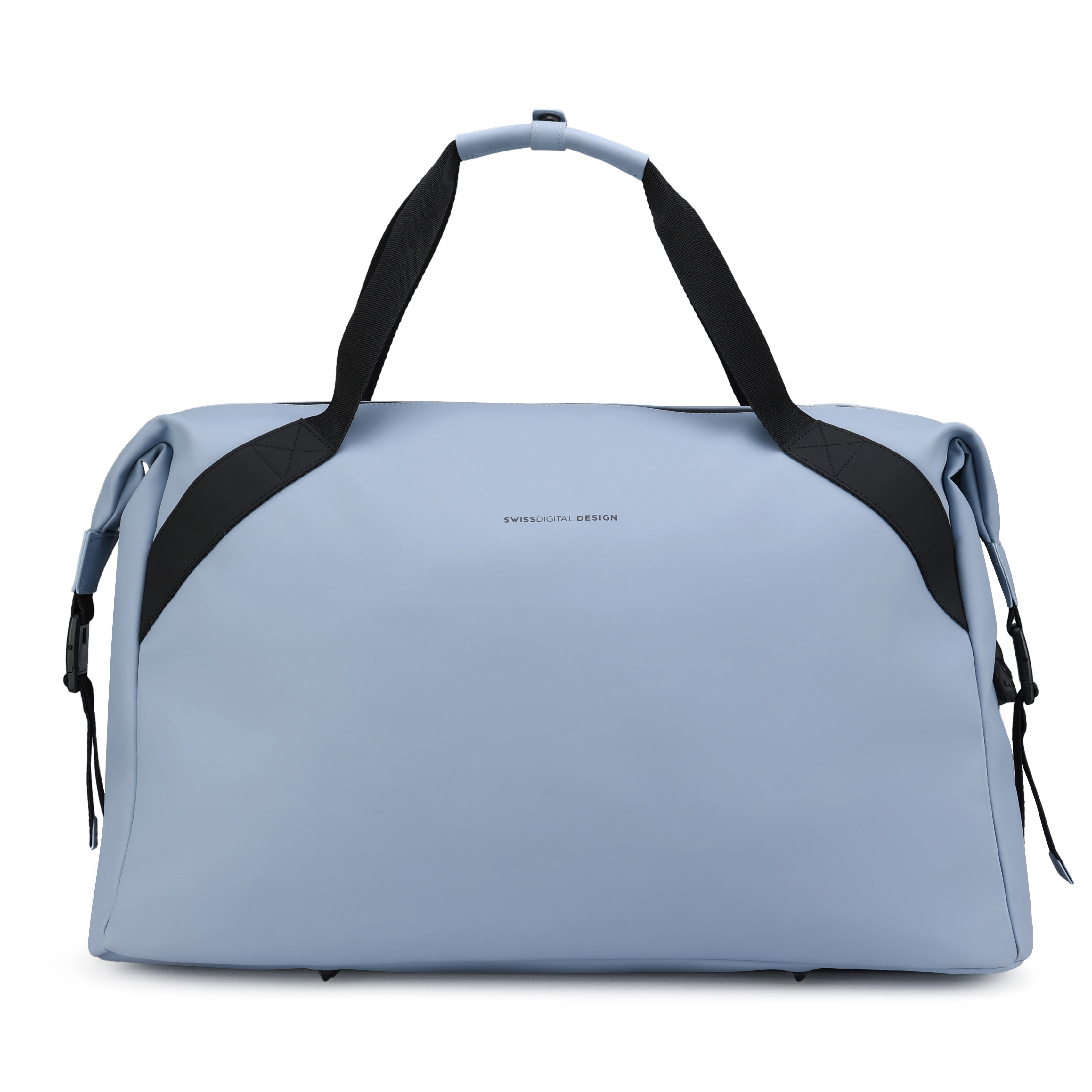 Una borsa da viaggio azzurra con cinghie e manici neri. Il marchio "SWISSDIGITAL DESIGN" è stampato.